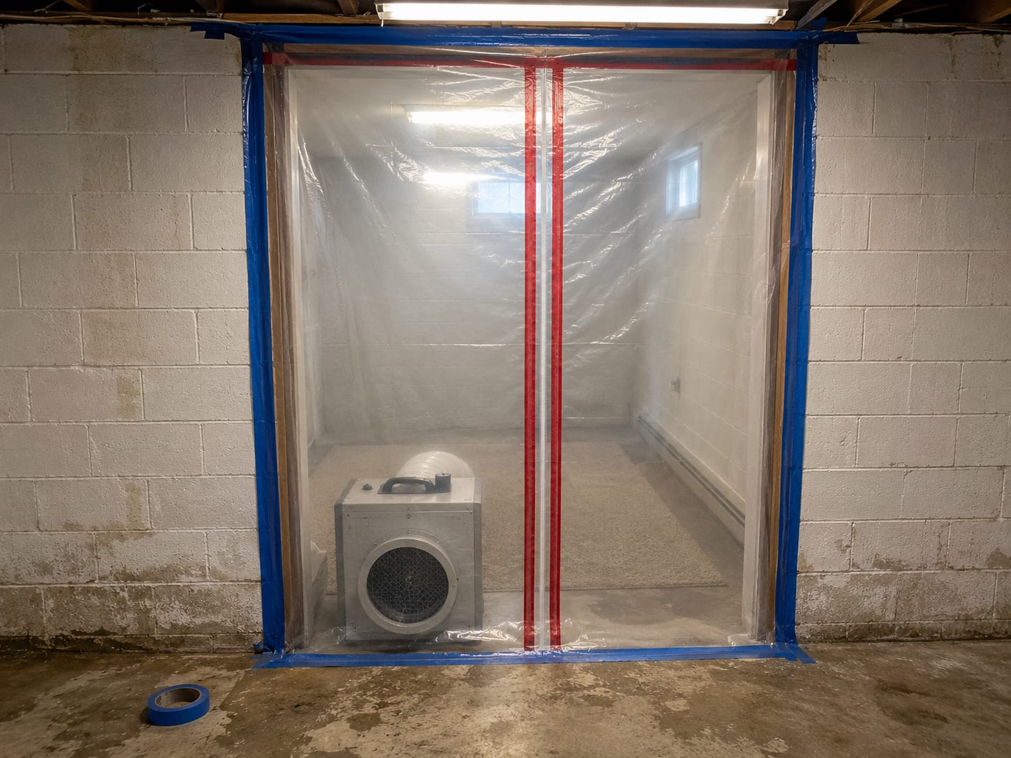 Sealed plastic containment barrier in a residential basement with HEPA negative-air scrubber unit