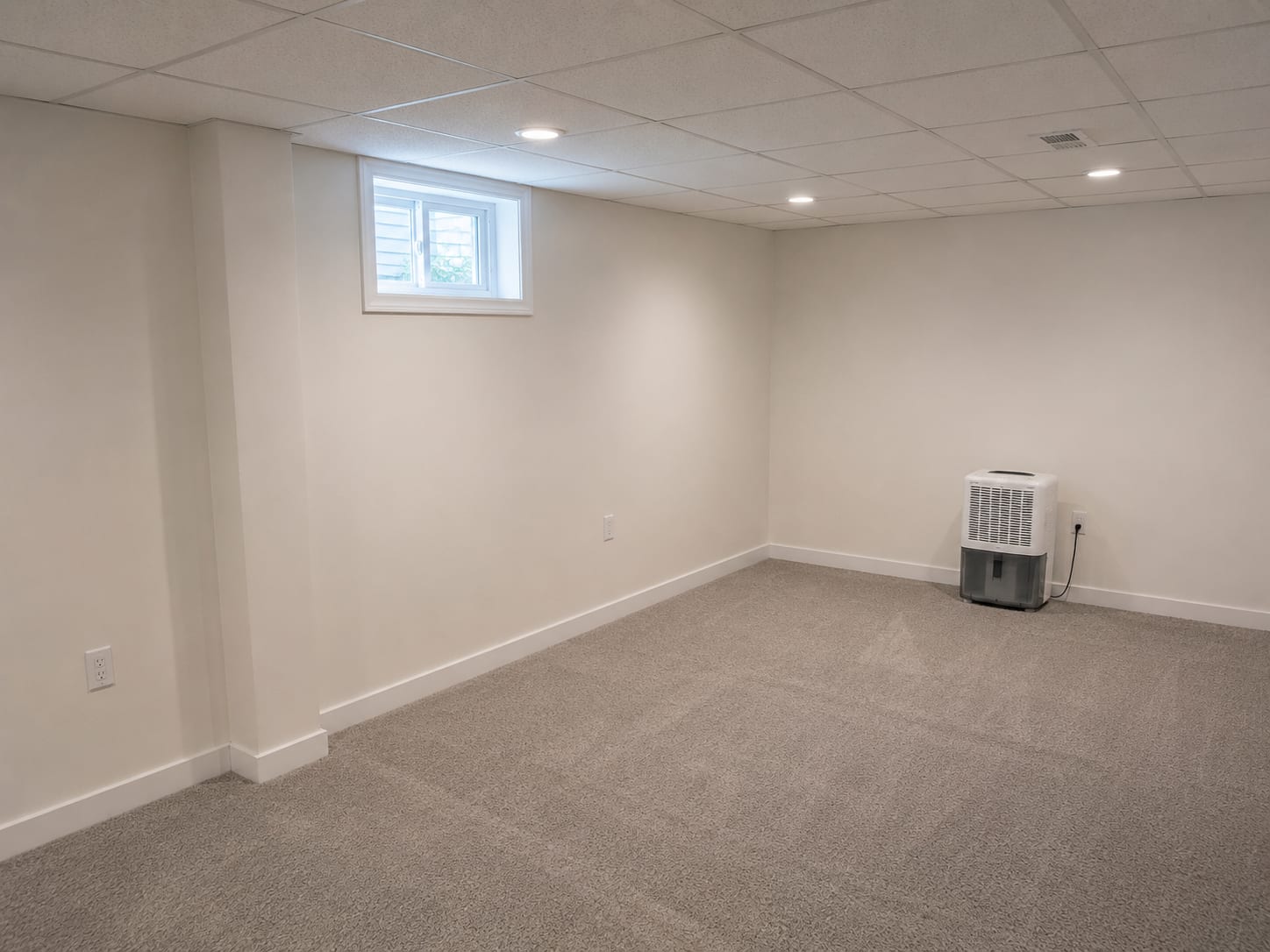 Freshly restored finished basement interior with new drywall, clean painted walls, and dehumidifier running after completed remediation
