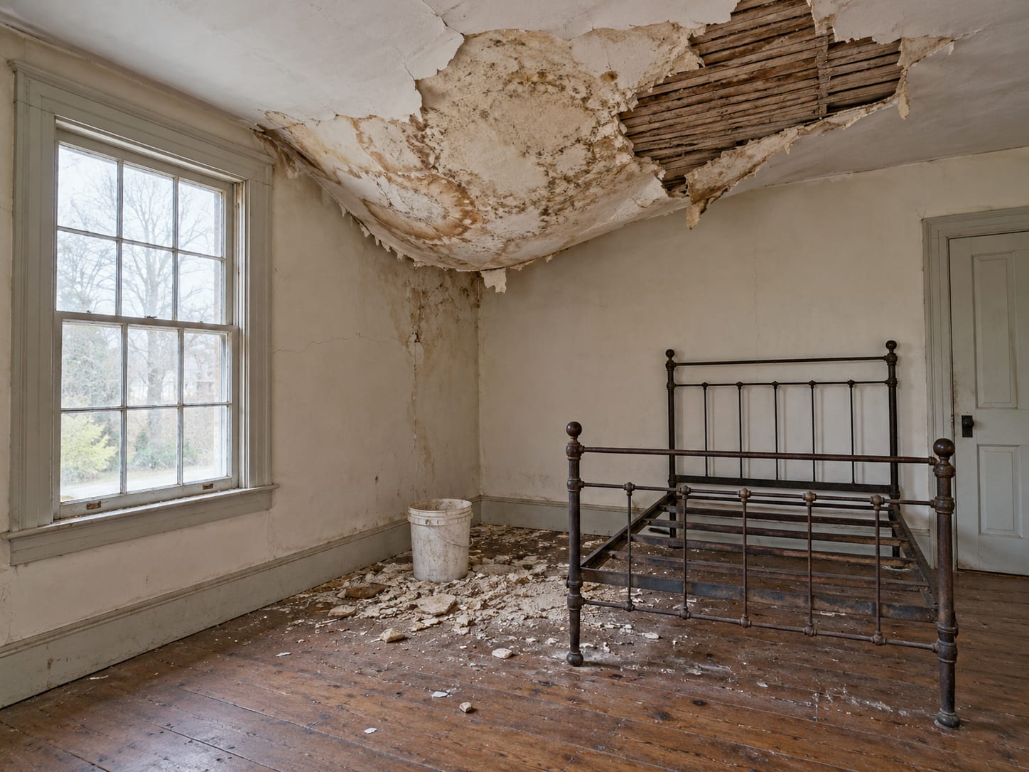 An old farmhouse bedroom with a large bulging, peeling plaster ceiling patch and a plastic bucket on the wide plank floor, in Harlingen, New Jersey