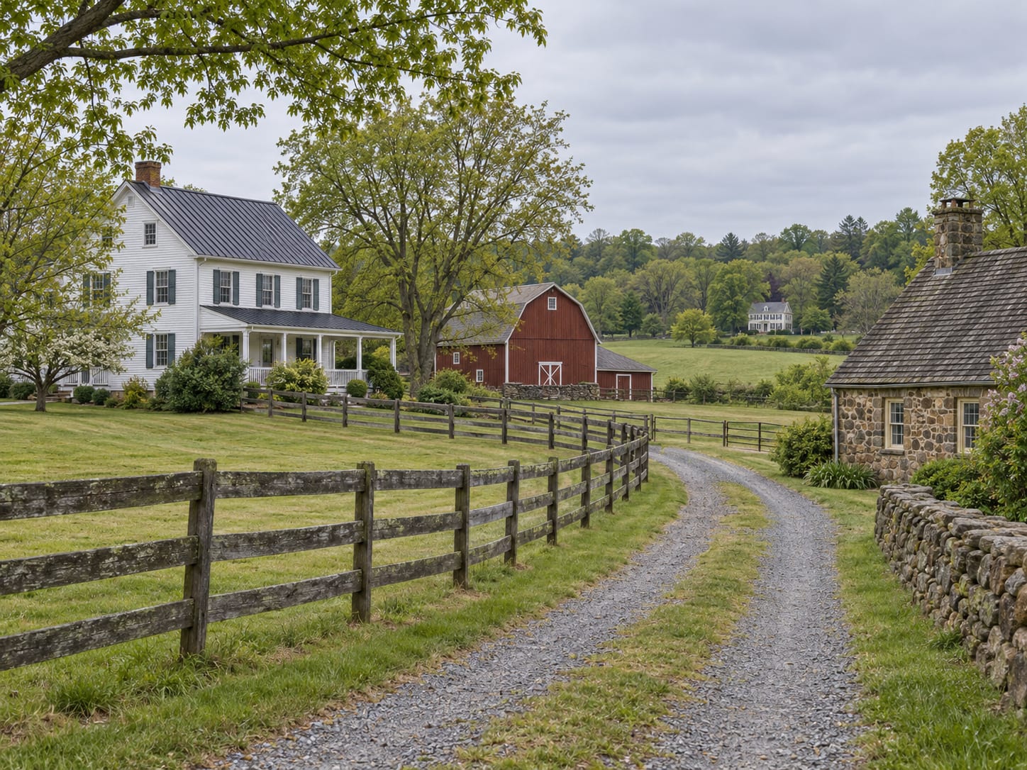 A white clapboard farmhouse with a red barn, a horse fence and an old fieldstone house on open acreage, in Harlingen, New Jersey