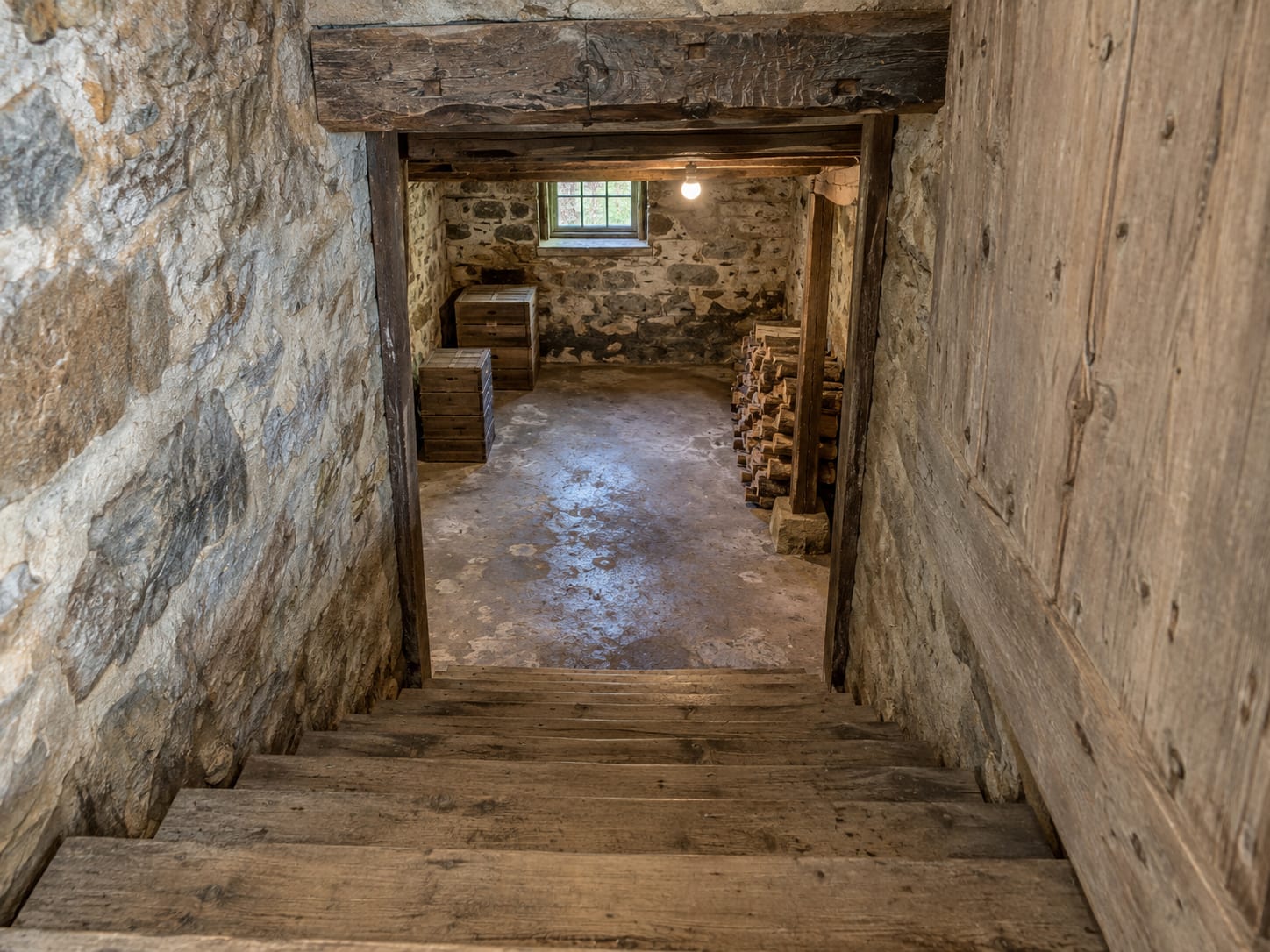 A steep narrow wooden stair descending into a low stone walled cellar with a low doorway under axe hewn joists, in a Harlingen, New Jersey farmhouse
