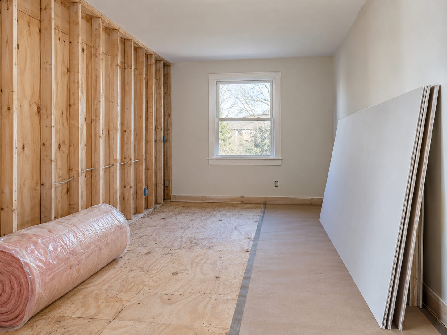 A wall opened to cleaned, dry bare studs with fresh unpainted new drywall sheets leaning against the opposite wall, in a Harlingen, New Jersey house