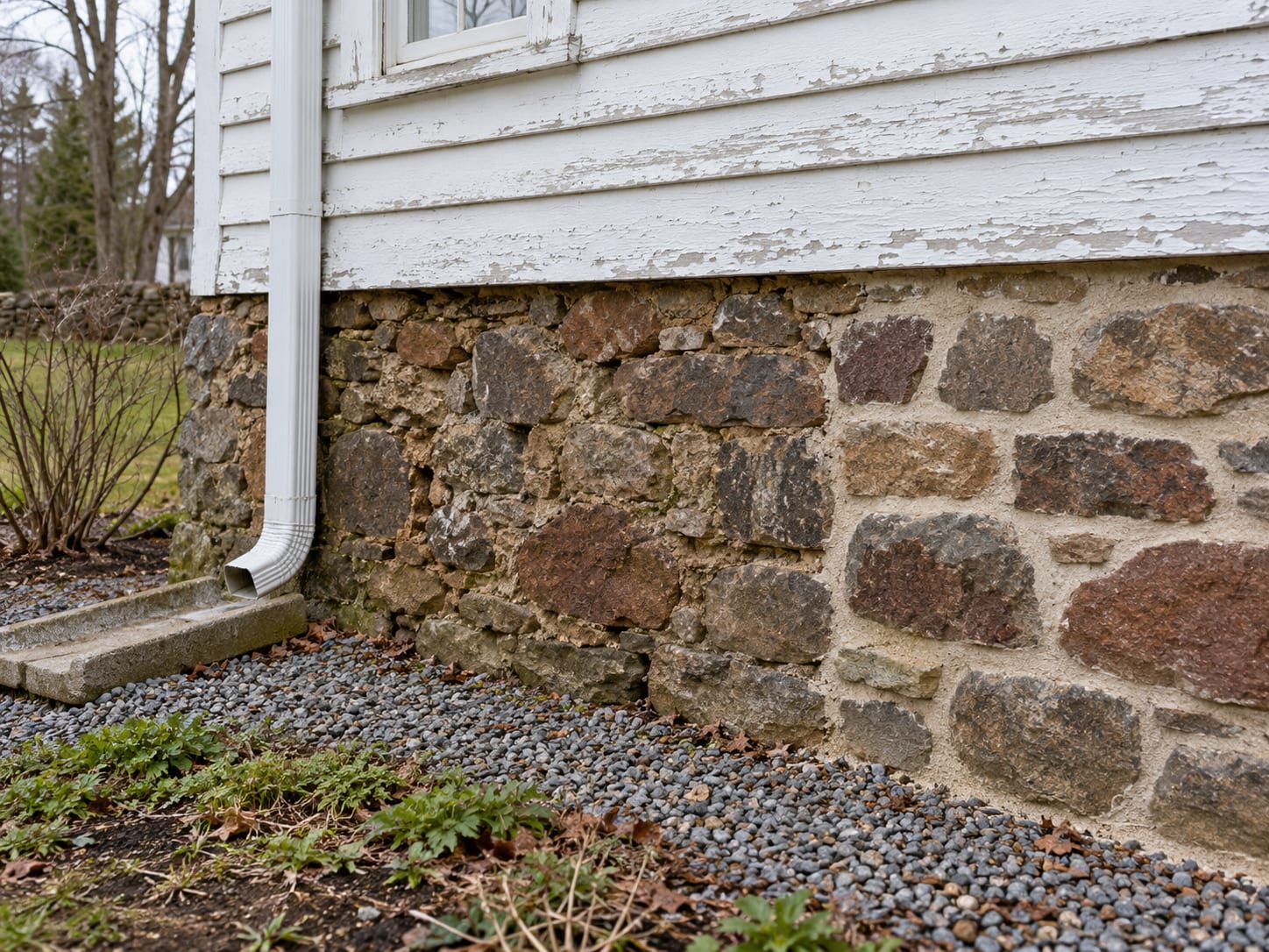A fieldstone foundation wall with crumbling mortar joints and one freshly repointed section beside a downspout and gutter, on a farmhouse in Harlingen, New Jersey