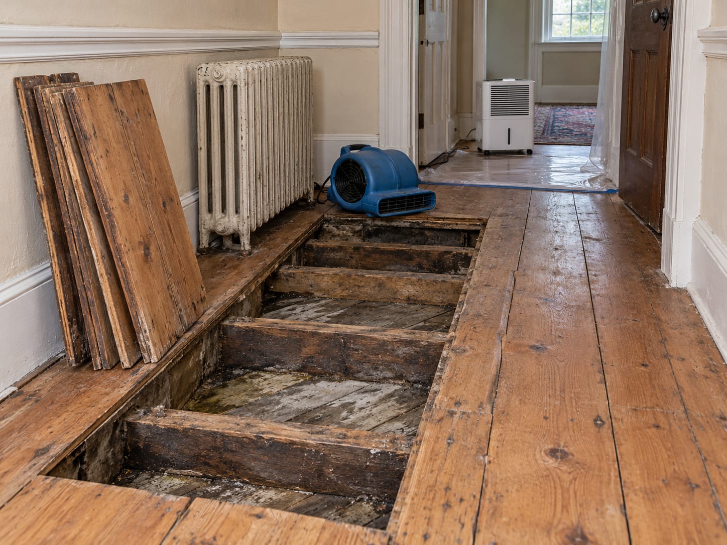 Wide pine floor boards pulled up in a section of a farmhouse hall, exposing a damp subfloor and joists, with drying equipment, in a Harlingen, New Jersey house