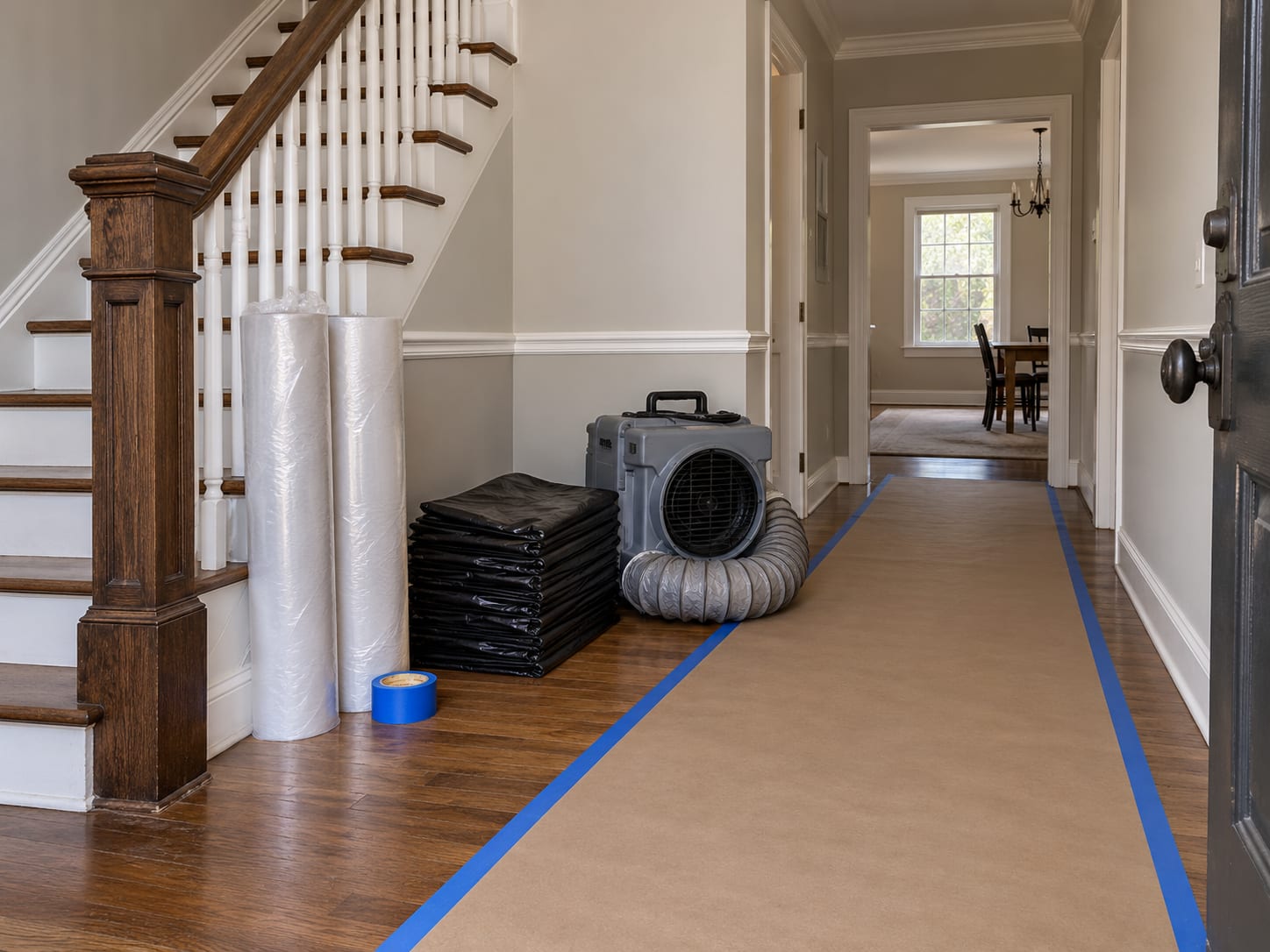 The entry hall of a house with a brown paper floor runner, rolls of poly sheeting and a HEPA air scrubber staged neatly ready for a job, in Harlingen, New Jersey