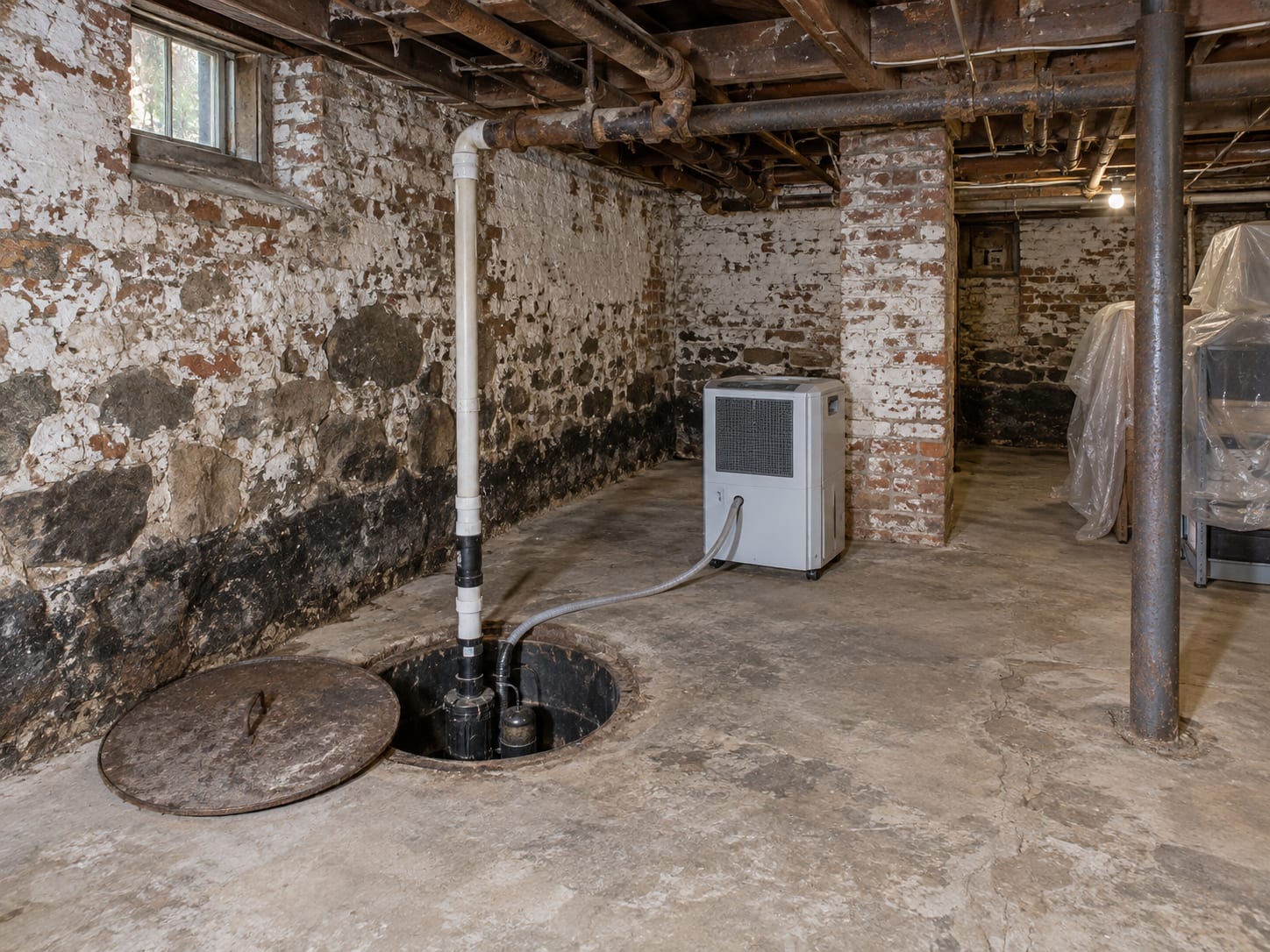 An old cellar with a fieldstone and brick foundation, a sump pit with its cover off and a damp band along the base of the walls, in a Hightstown, New Jersey house