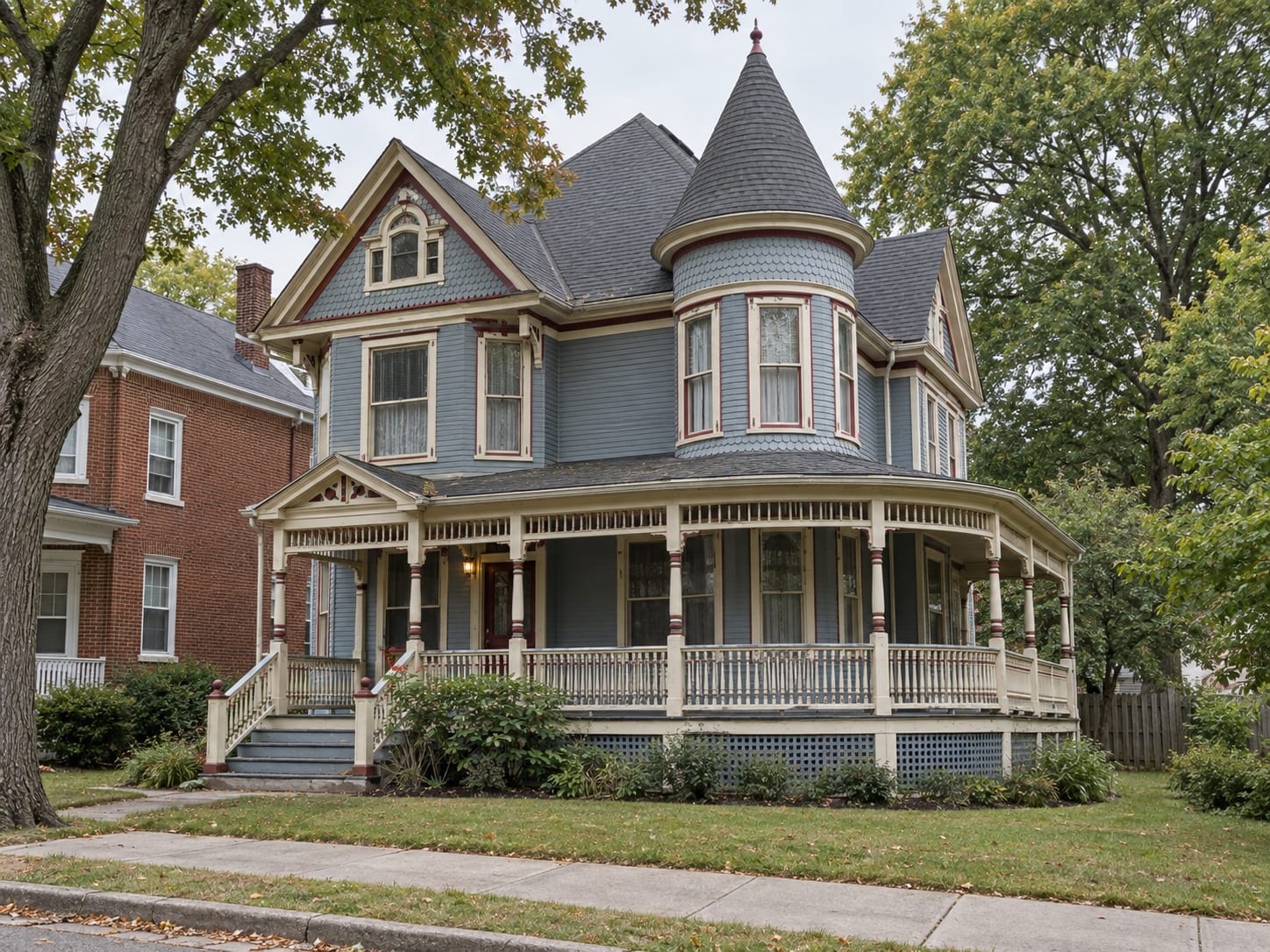 A painted Queen Anne Victorian house with a deep wraparound porch, turned posts and a corner tower on a village main street, in Hightstown, New Jersey