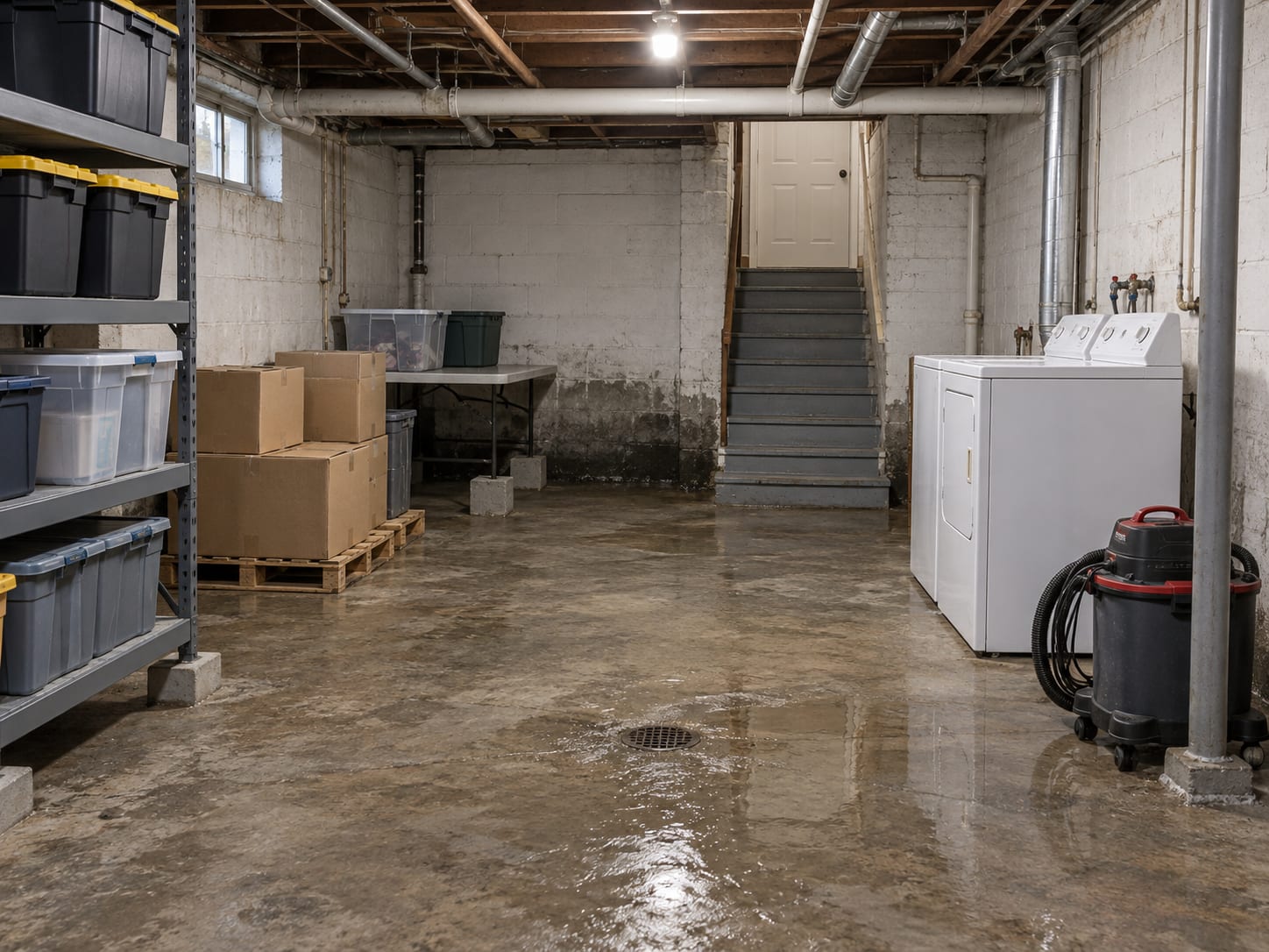 In a Hightstown duplex basement, stored boxes and bins are lifted onto shelving above a damp concrete block wall and floor.