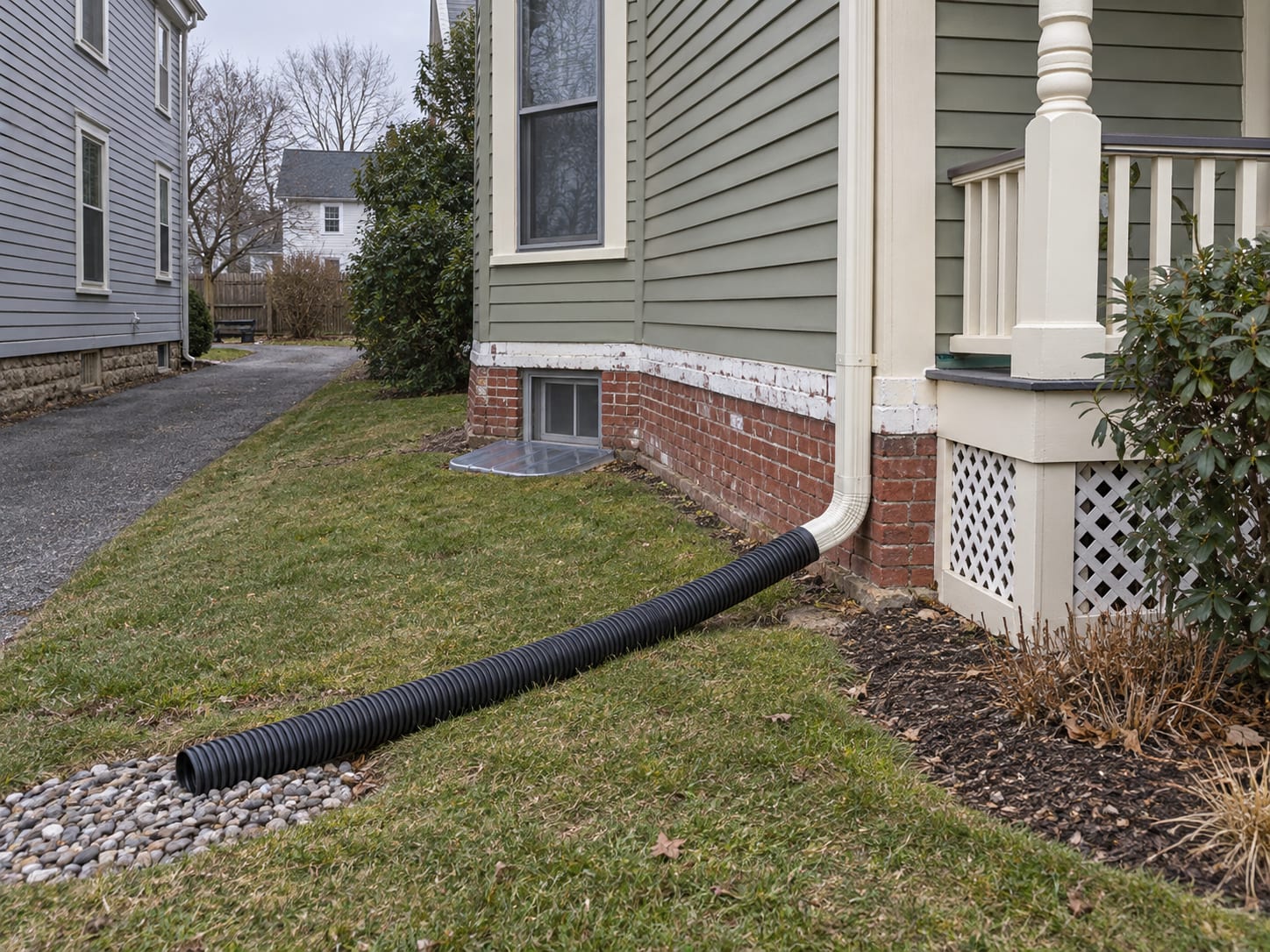 A downspout extension and sloped soil carry roof water away from the brick foundation of a Hightstown Victorian.