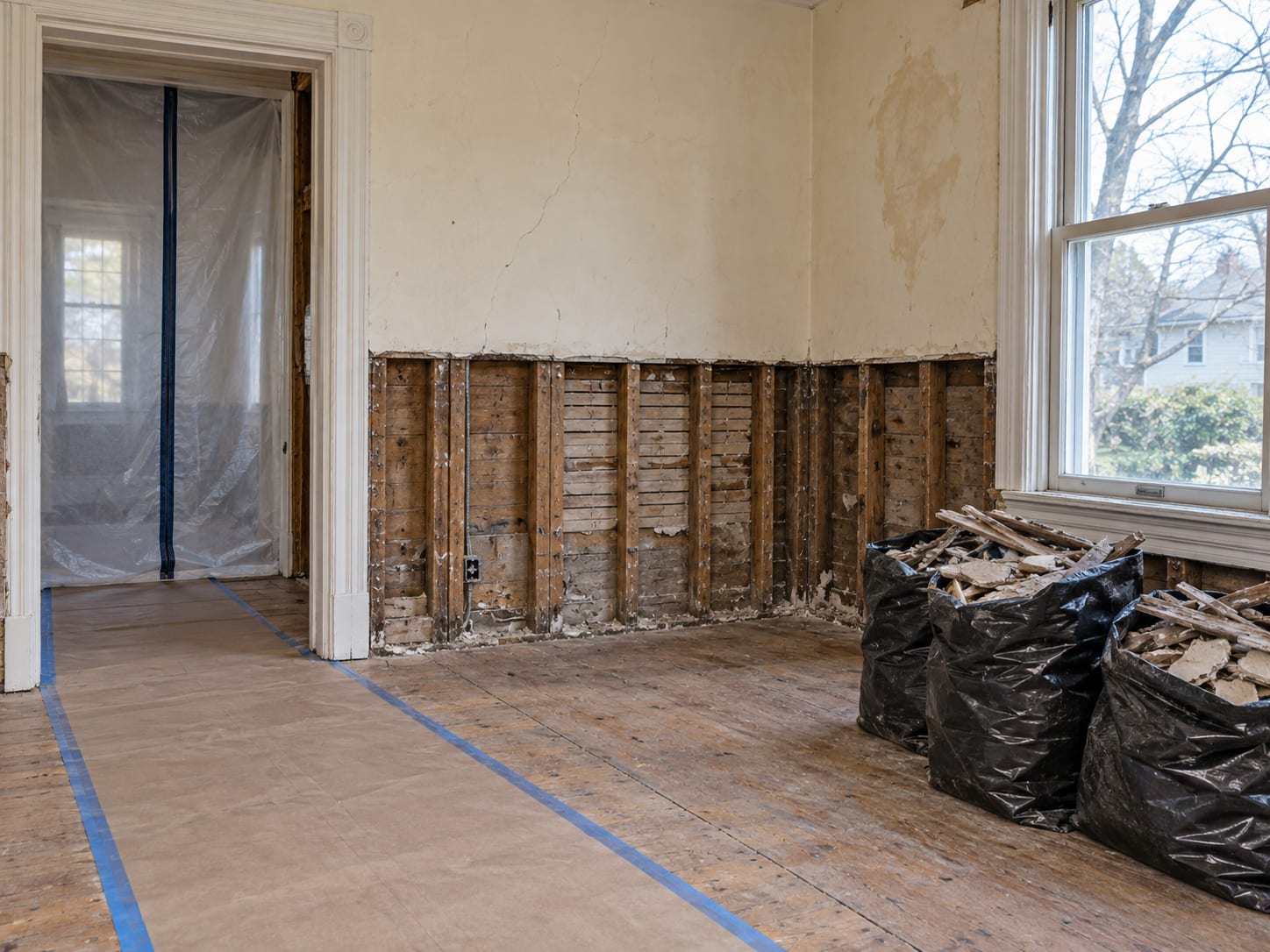 In a Hightstown Victorian, plaster and lath is stripped back to the studs on the lower wall, showing how the material sets the scope.