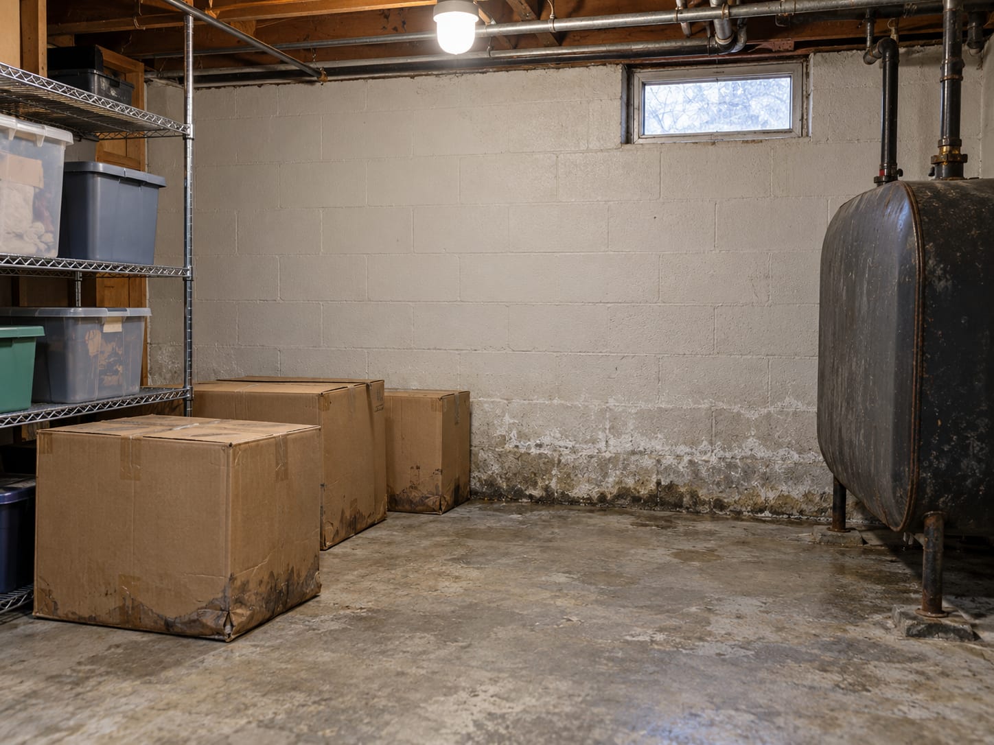 A concrete block basement wall with a white chalky crust at the base, a dark damp patch and stored cardboard boxes with softened bottoms on the floor, in Jamesburg, New Jersey