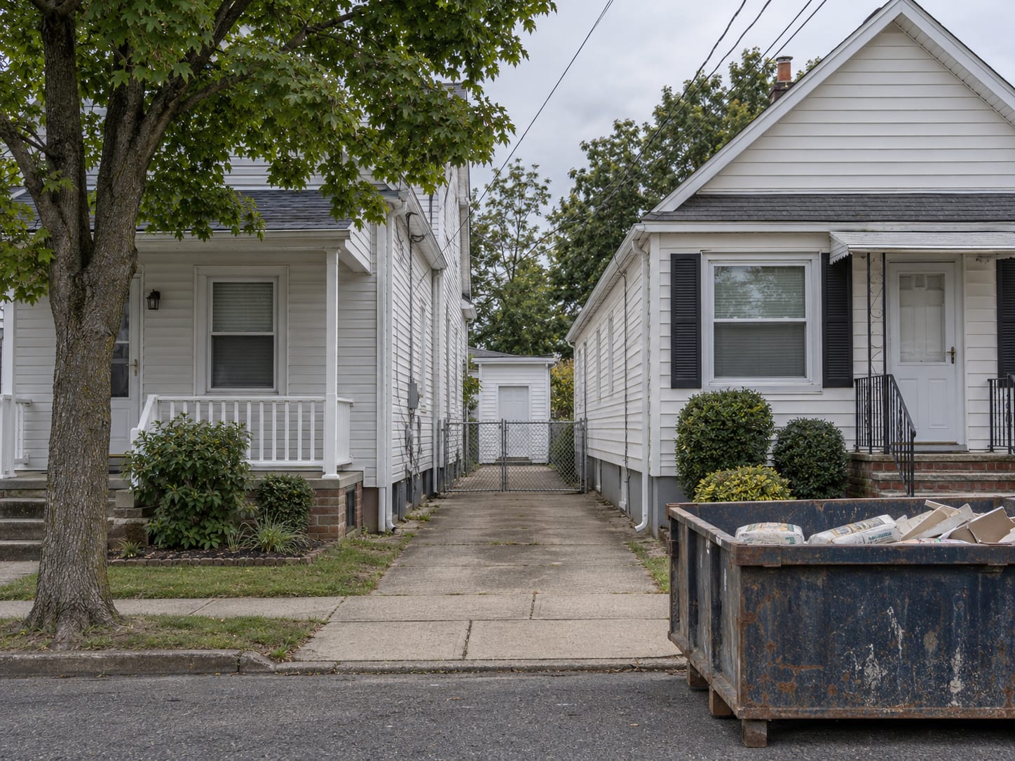 A narrow driveway between two small close set houses leading to a rear door, with a small dumpster at the curb, in Jamesburg, New Jersey