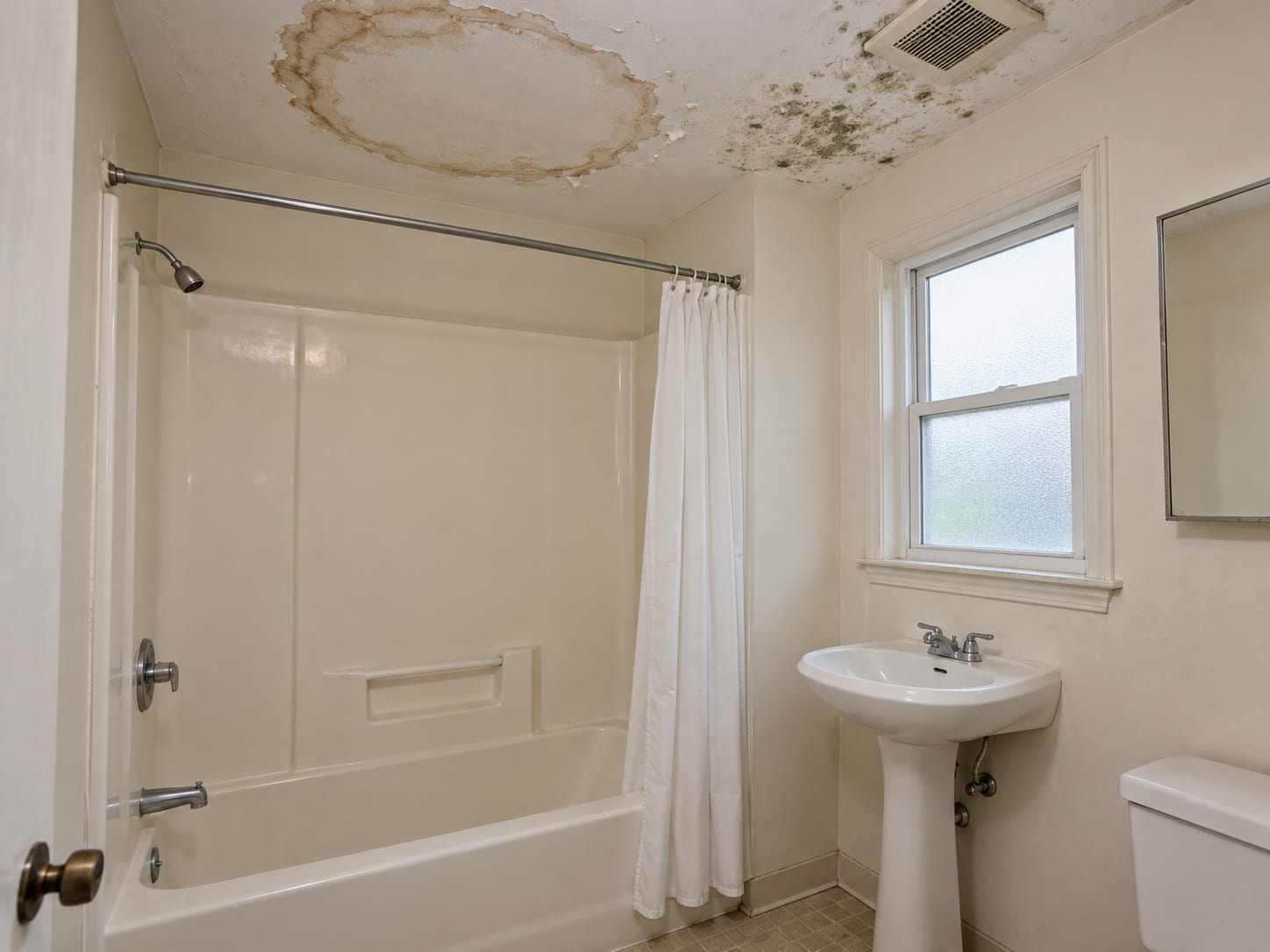 A small apartment bathroom with a white ceiling showing a brown ring stain and dark spotting above the tub, a plain white tub and tile, in Jamesburg, New Jersey