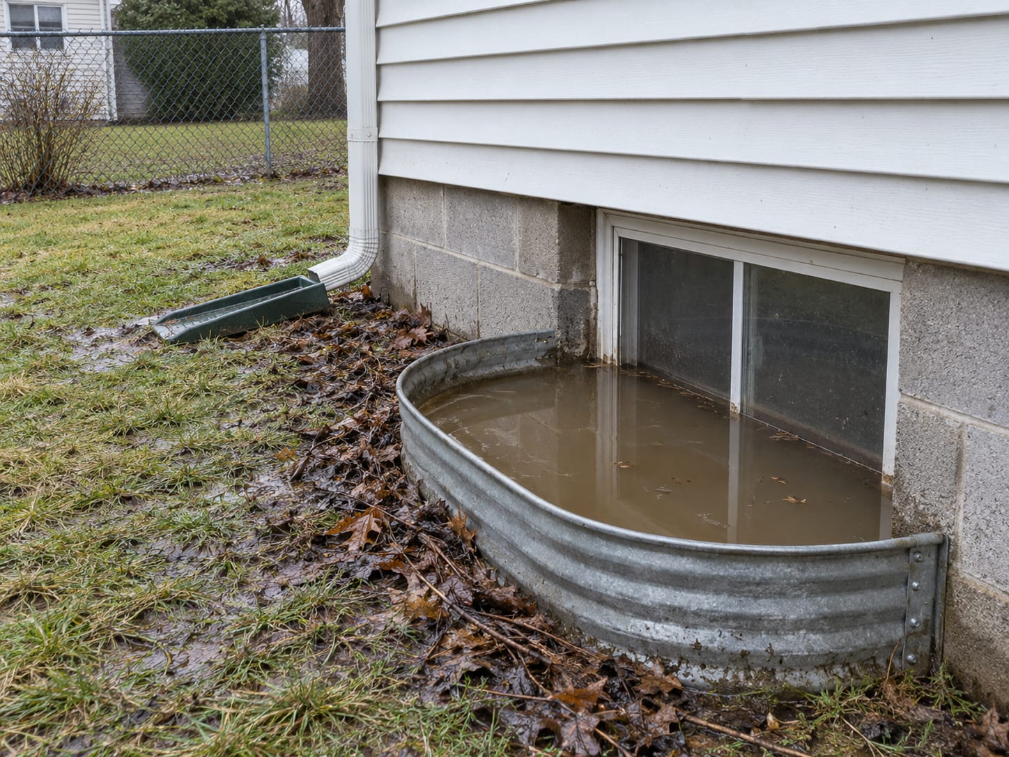 A basement window well filled with muddy water beside a house foundation, with flattened wet grass and a line of leaf debris on the lawn, in Jamesburg, New Jersey