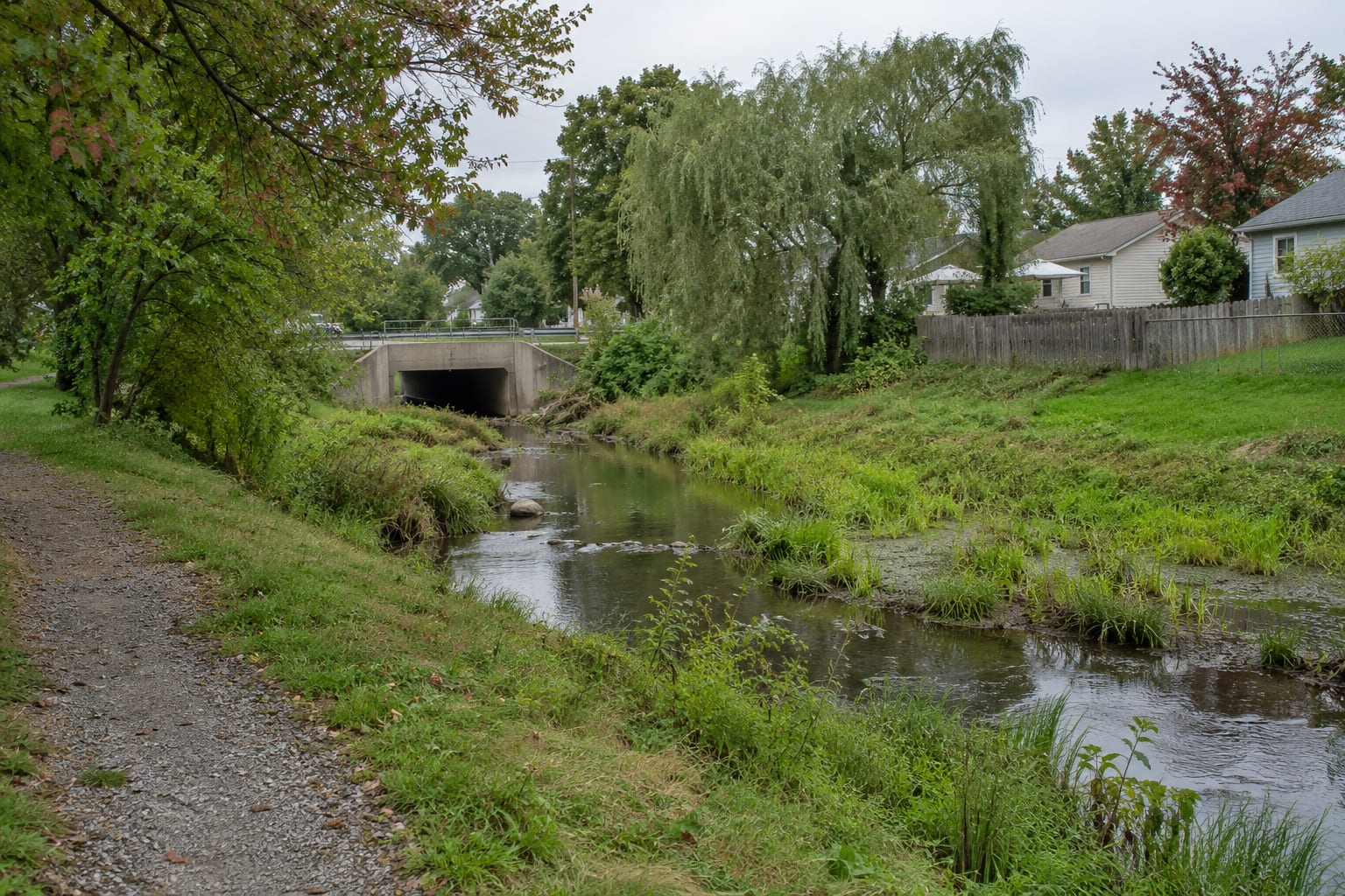 A small brook in a shallow grassed channel behind a fence line of small back yards, with a concrete culvert headwall and wooded banks, in Jamesburg, New Jersey