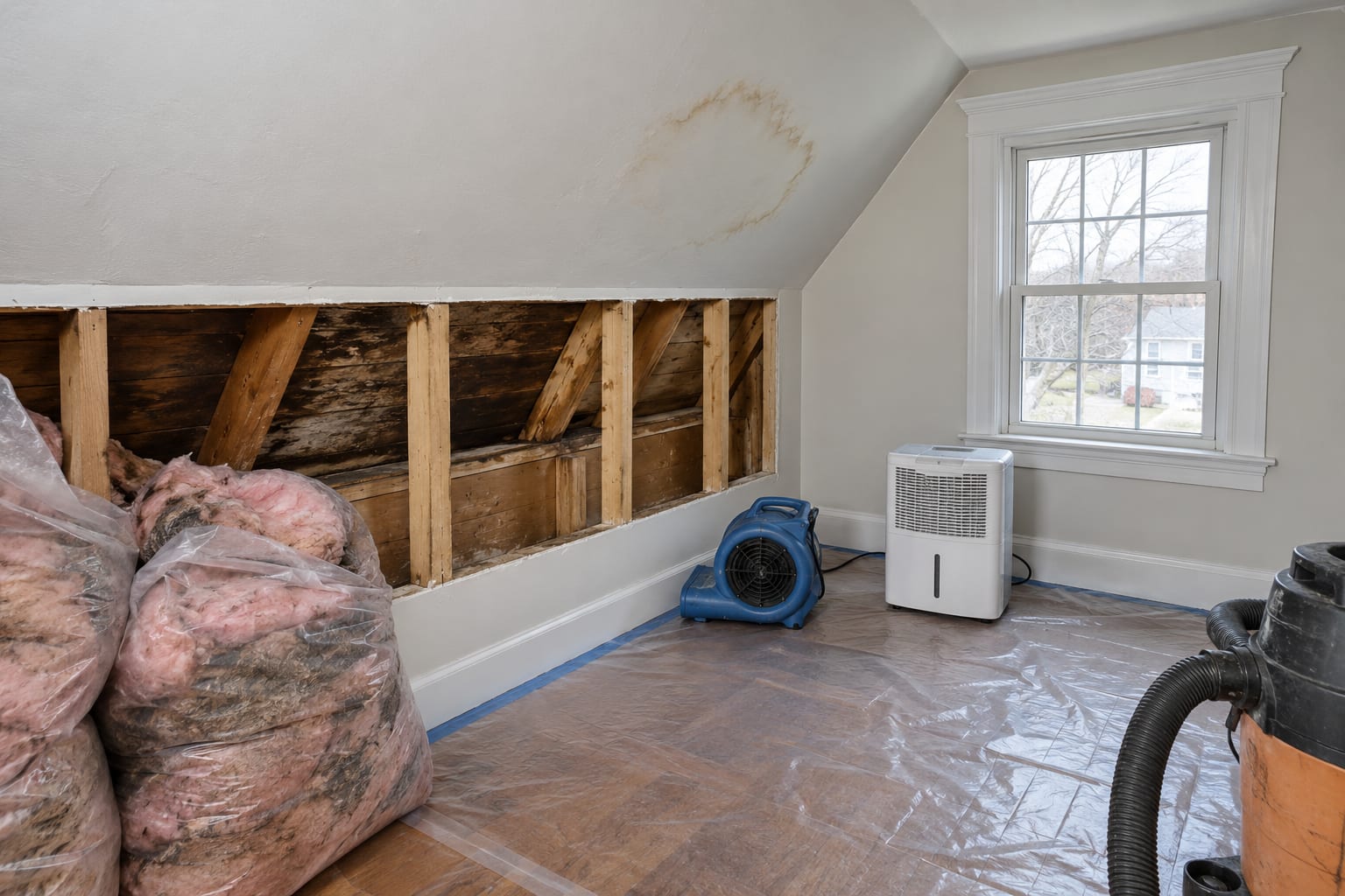 A finished half story under the roof with a section of knee wall opened, wet insulation bagged and the stained roof deck exposed, in a Jamesburg, New Jersey house