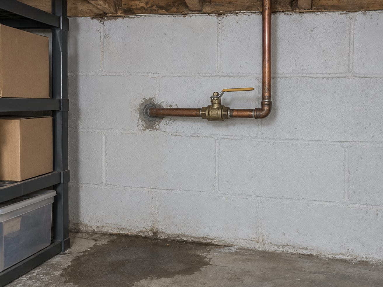 A copper water main with its brass shutoff valve closed where it enters through a concrete block basement wall in a Kingston, New Jersey house, above a damp floor