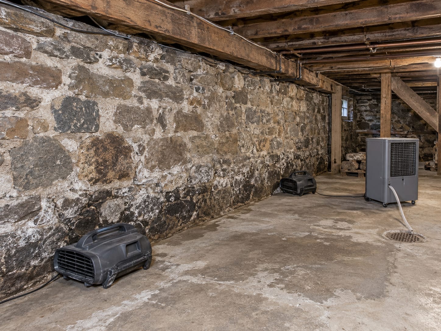 A fieldstone cellar wall with white mineral bloom and darkened mortar joints above a concrete floor, with a running dehumidifier, in an older Kingston, New Jersey house