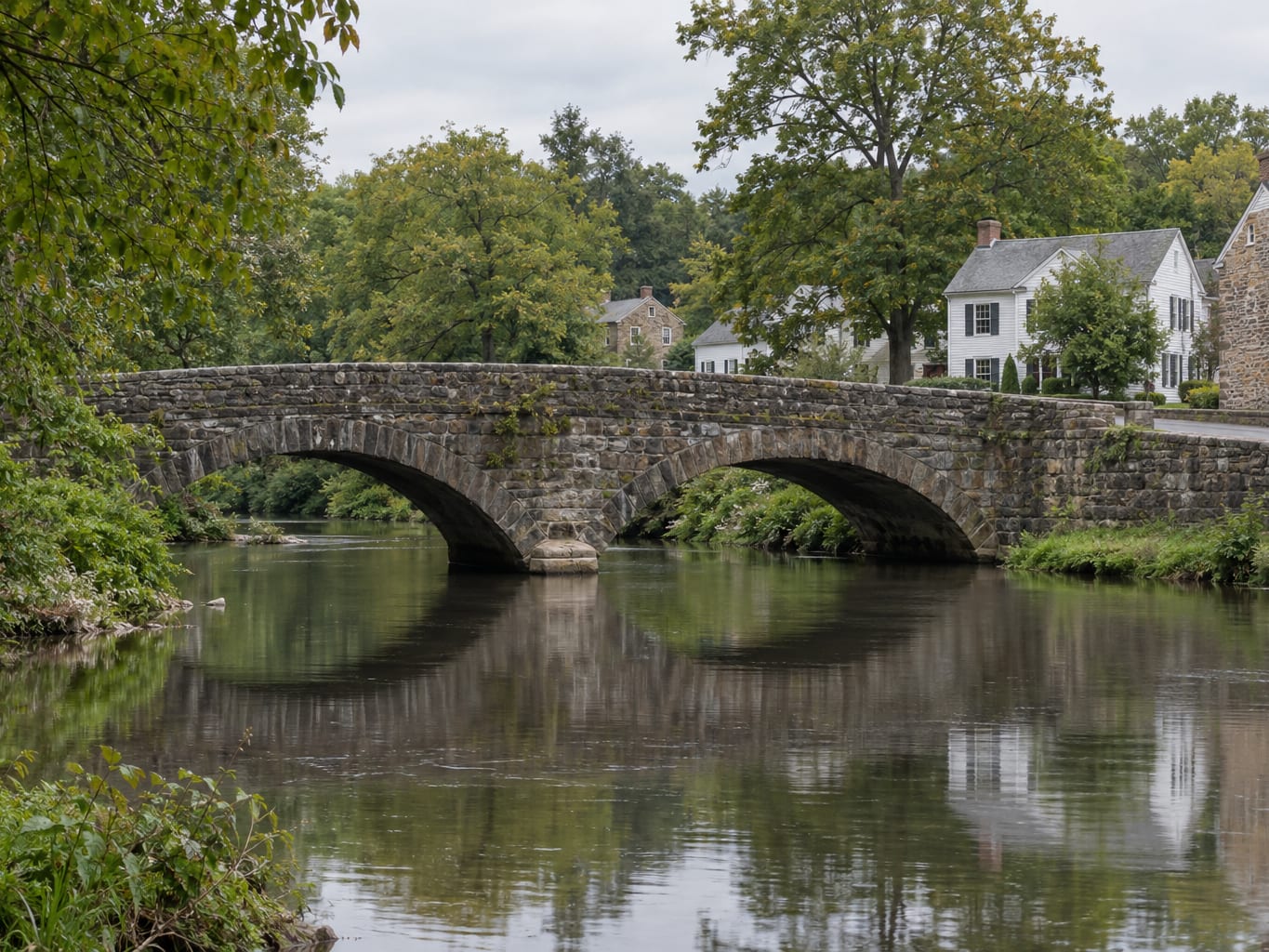 A two lane road crossing the Millstone River on an old low stone arch bridge at Kingston, New Jersey, with wooded banks and village houses beyond