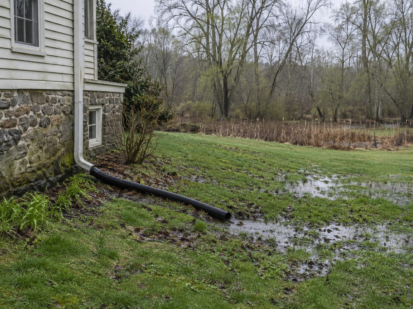 A wet back lawn sloping toward a low reedy wetland edge, with a fieldstone foundation, a downspout and a sump discharge hose lying on the grass, at a Kingston, New Jersey house