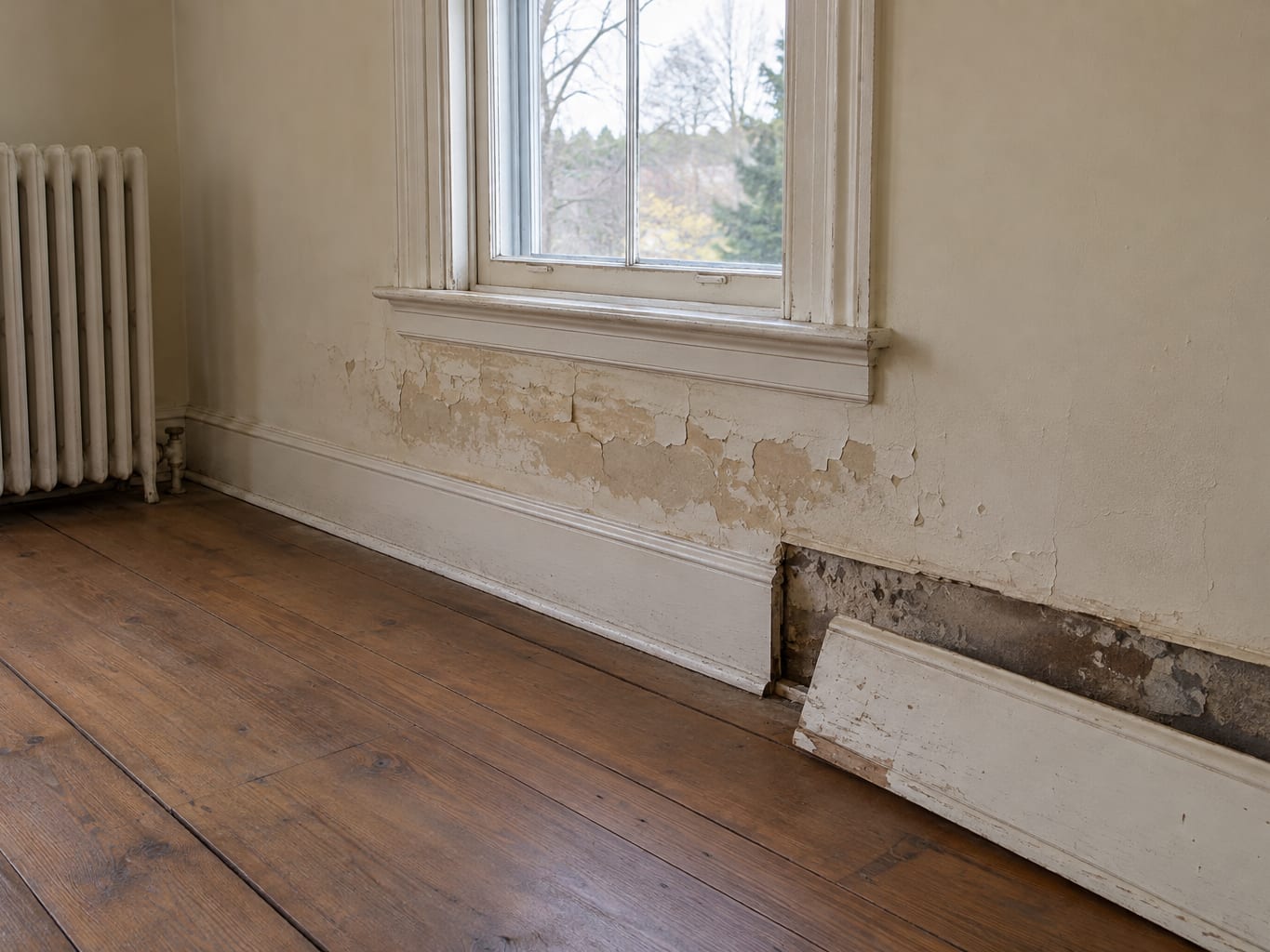 A room in an older Kingston, New Jersey house with a cupped plank floor along an exterior wall, blistered wall paint under a window and a baseboard pulled off to show dark stained plaster