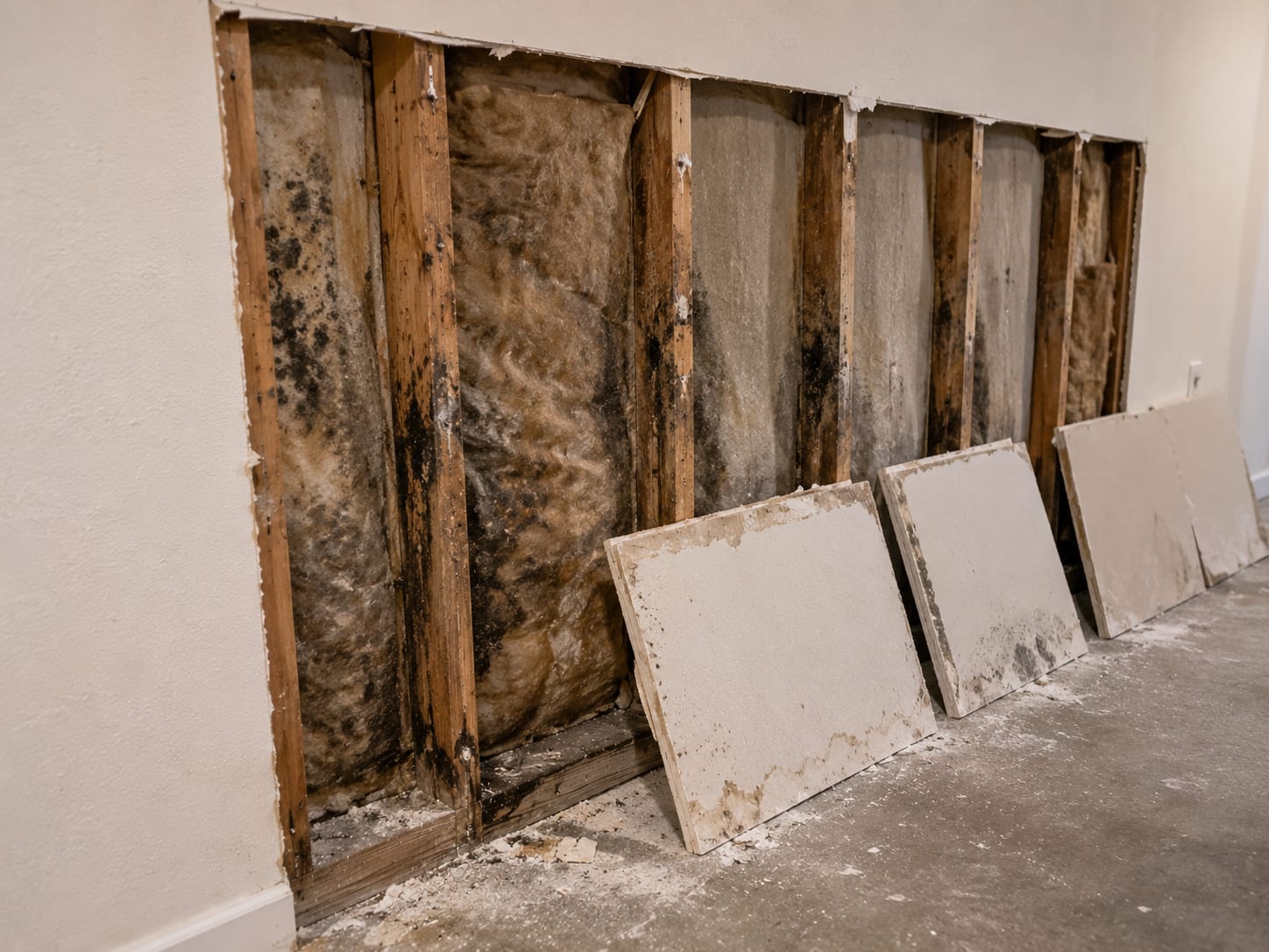 Sections of mold-stained drywall cut away from a basement wall exposing dark-spotted wood framing and insulation behind