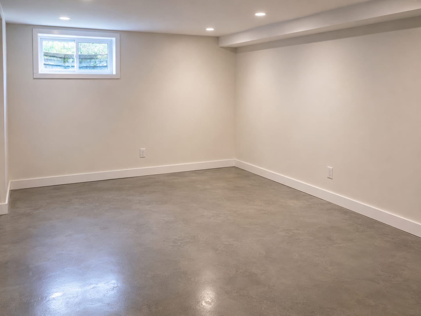 Freshly drywalled and painted basement room with new baseboard trim and clean concrete floor ready for occupancy in a New Jersey home
