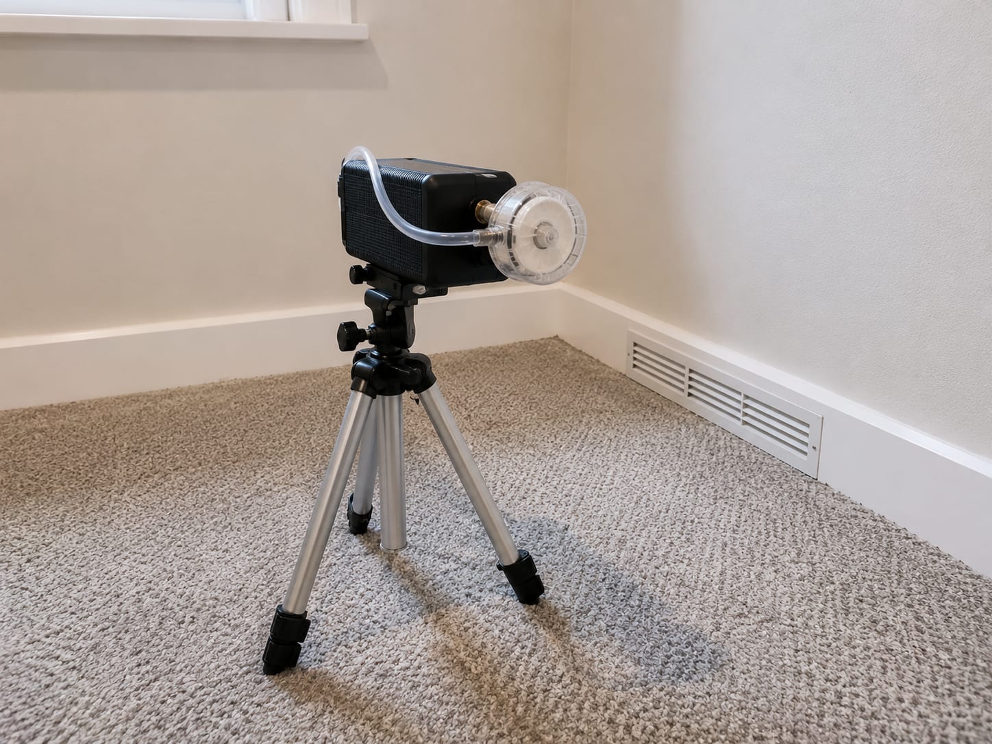 Air sampling pump clipped to a tripod with a cassette sampler attached positioned in a finished basement room near a floor-level vent