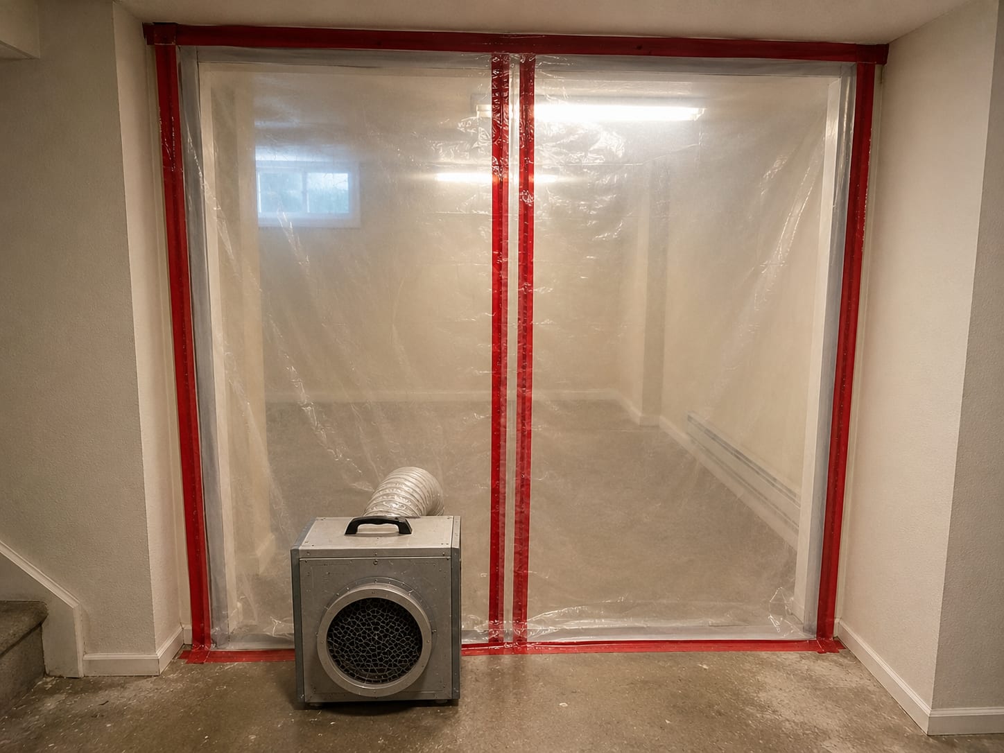 Plastic containment sheeting sealing off a basement room with a HEPA negative-air scrubber unit positioned at the barrier entrance