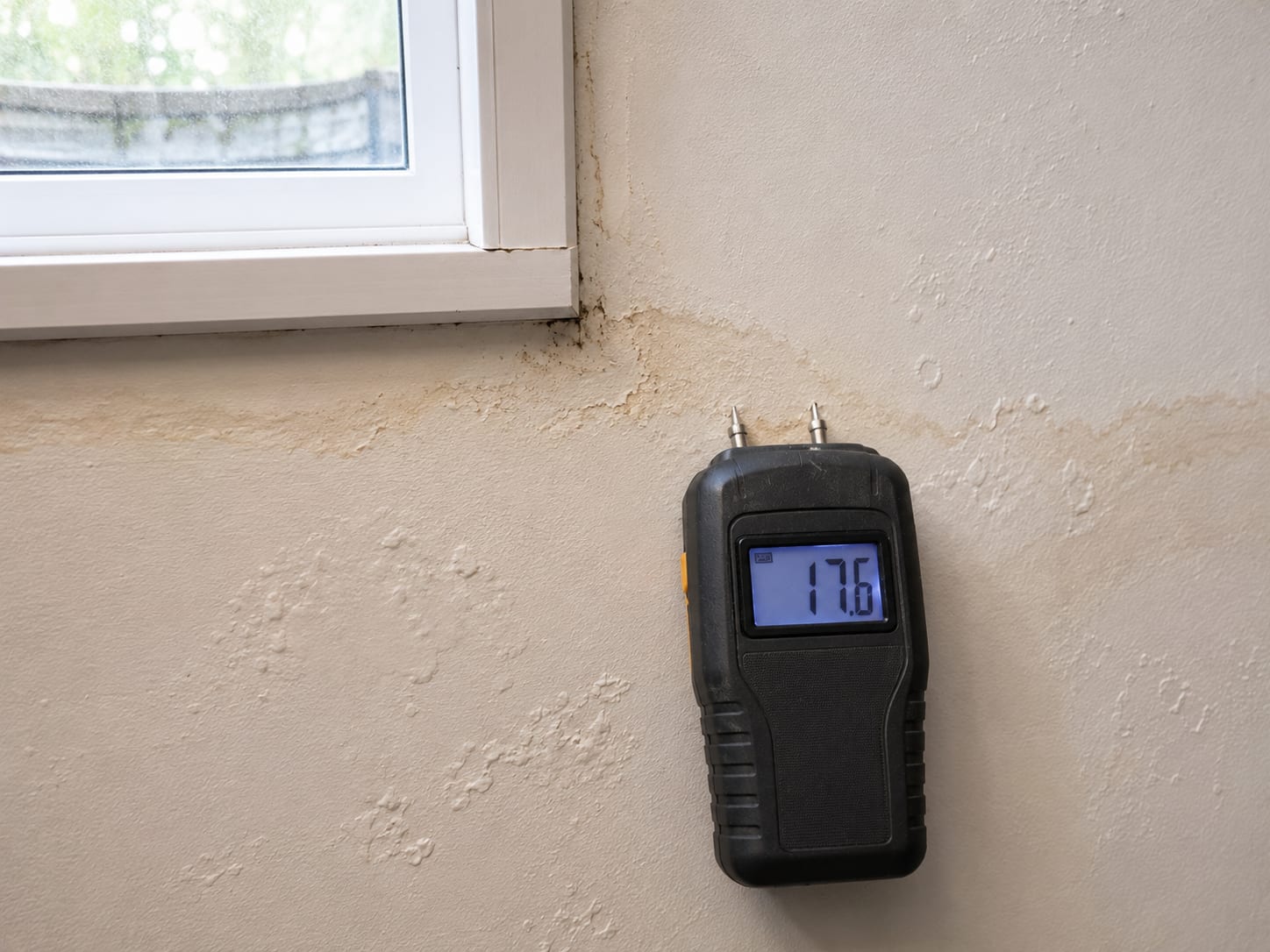Digital moisture meter pressed against a water-stained interior wall near a basement window with readings visible on the device display