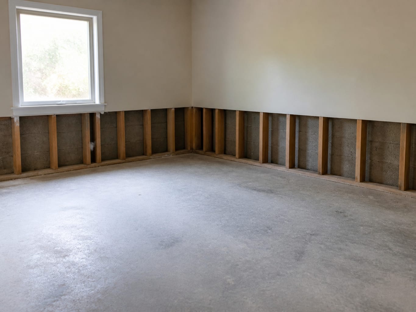 An emptied lower-level room in a New Jersey home after remediation, cleared and dried with framing exposed at the base, containment and equipment removed