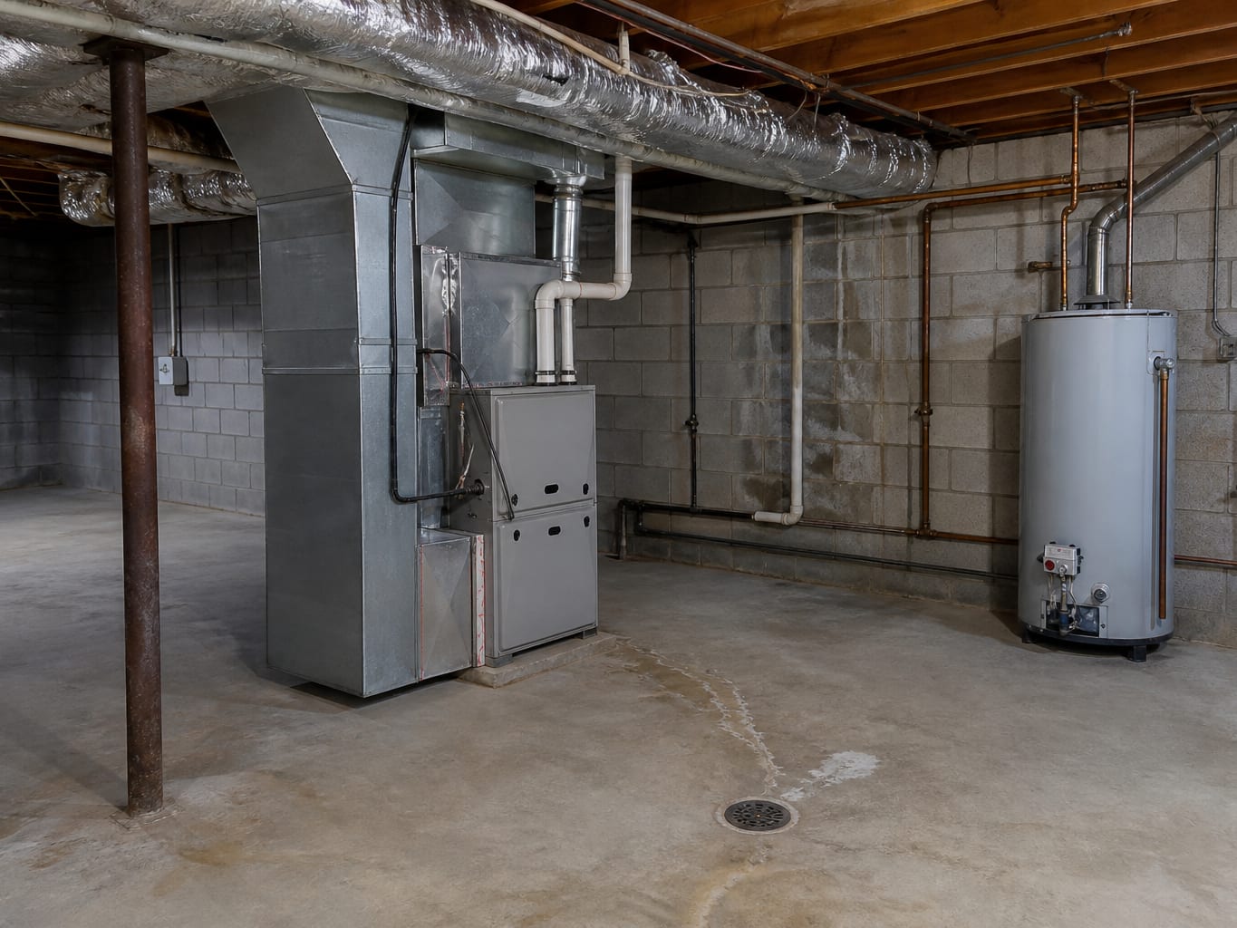 Utility room of a suburban New Jersey home with a furnace, water heater, ductwork and a floor drain, the systems that vary building to building