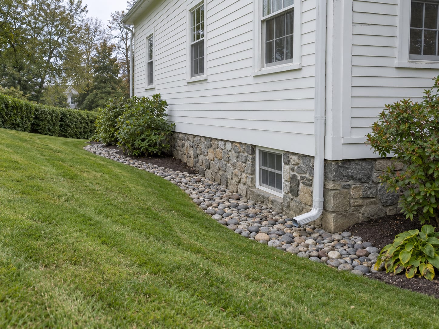 A shallow stone lined swale cutting across a sloping lawn to carry roof and yard runoff past the corner of an old clapboard house, in Millstone Borough, New Jersey