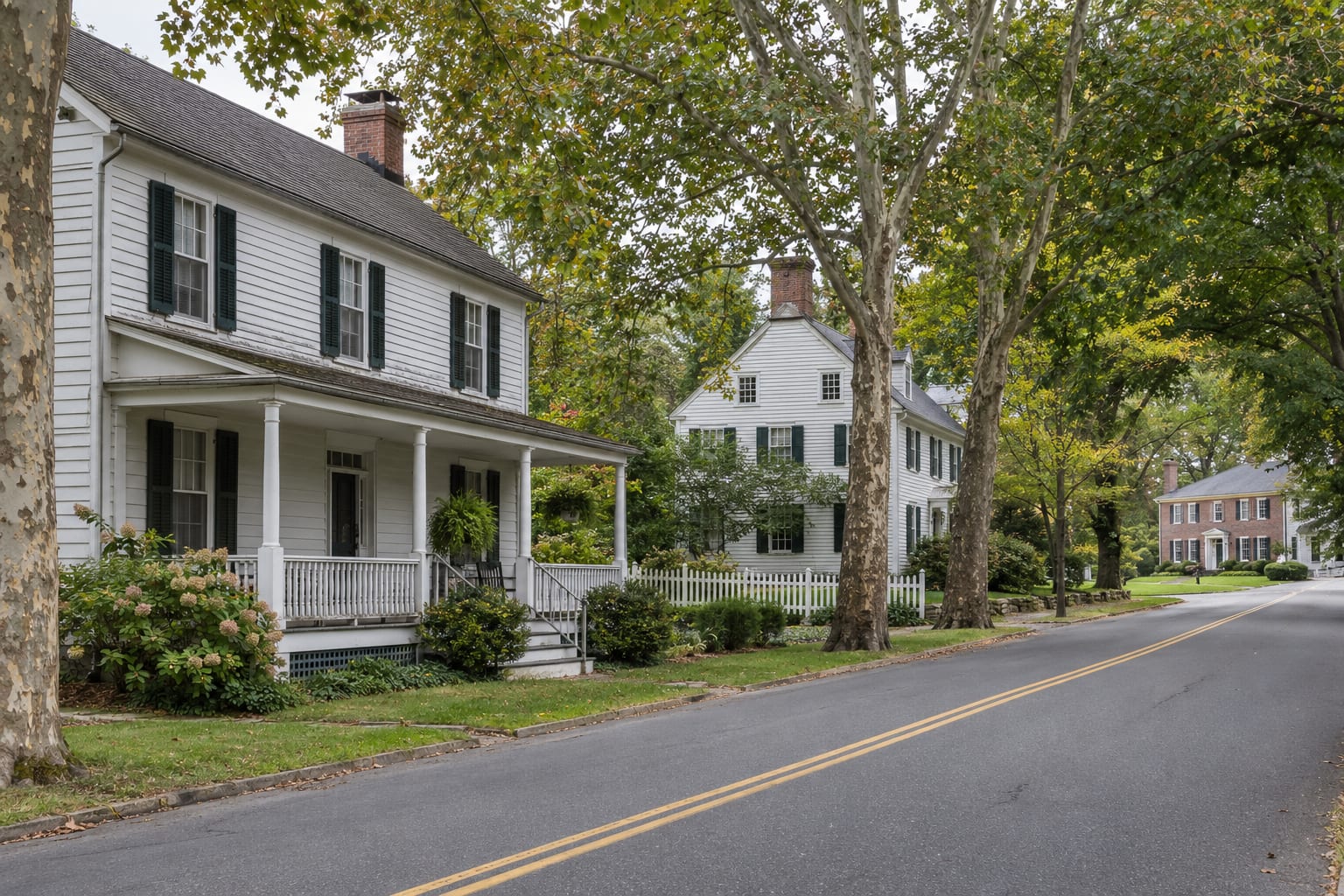 Eighteenth and nineteenth century white clapboard houses close to a quiet village road, with a later colonial at the edge, in Millstone Borough, New Jersey