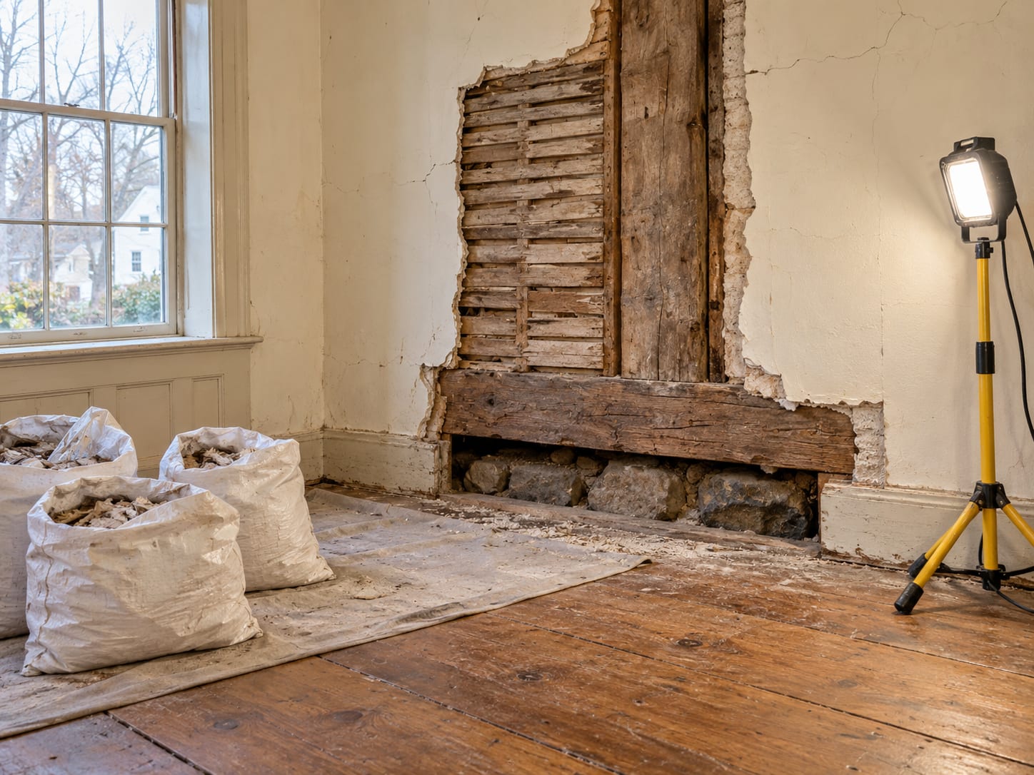 A first floor wall opened to show plaster over wood lath and axe cut framing above a stone foundation wall, in an old house in Millstone Borough, New Jersey