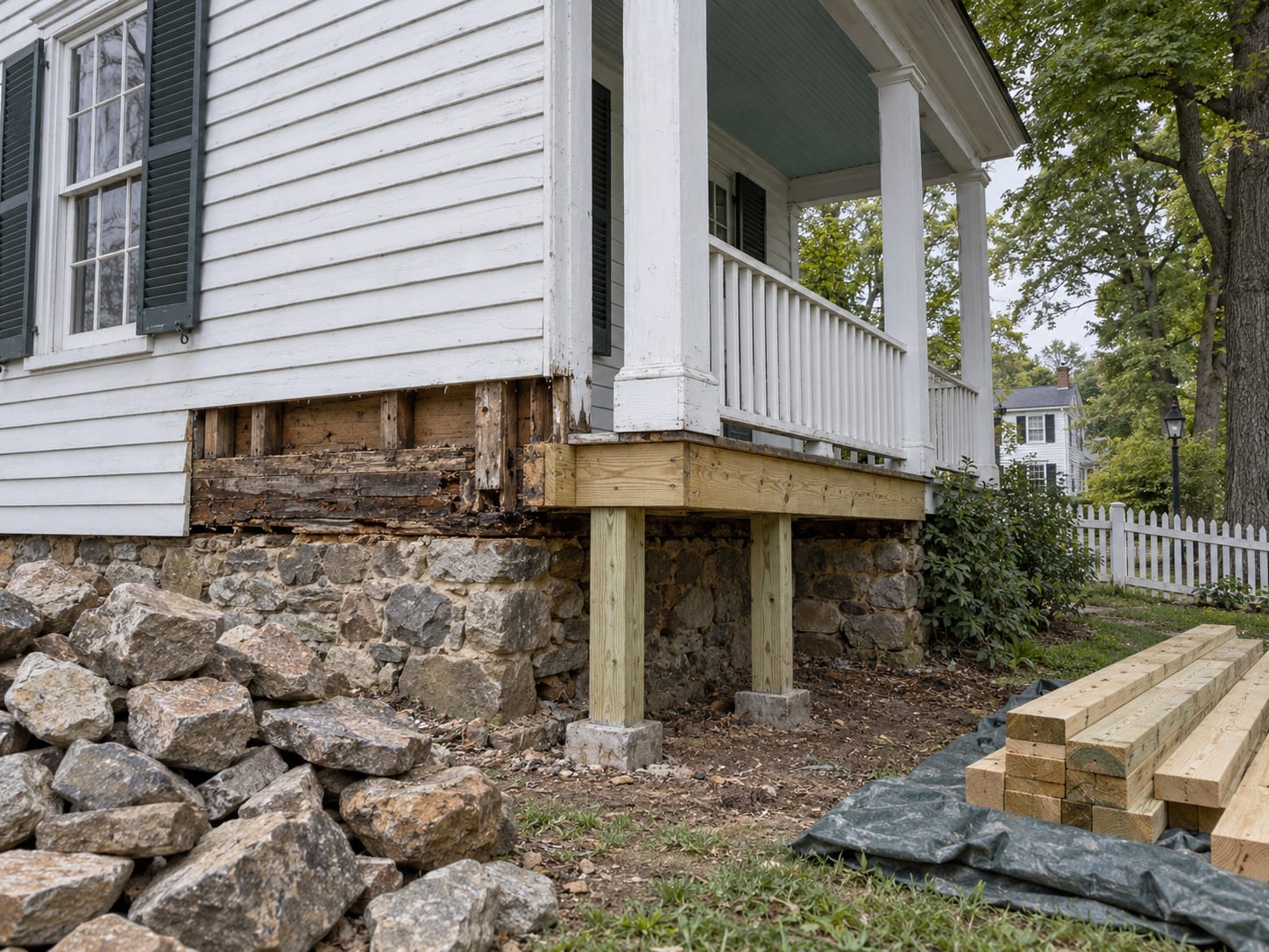 The corner of an old clapboard house with an exposed sill plate and stone footing, temporary posts and a beam holding up the porch above, in Millstone Borough, New Jersey