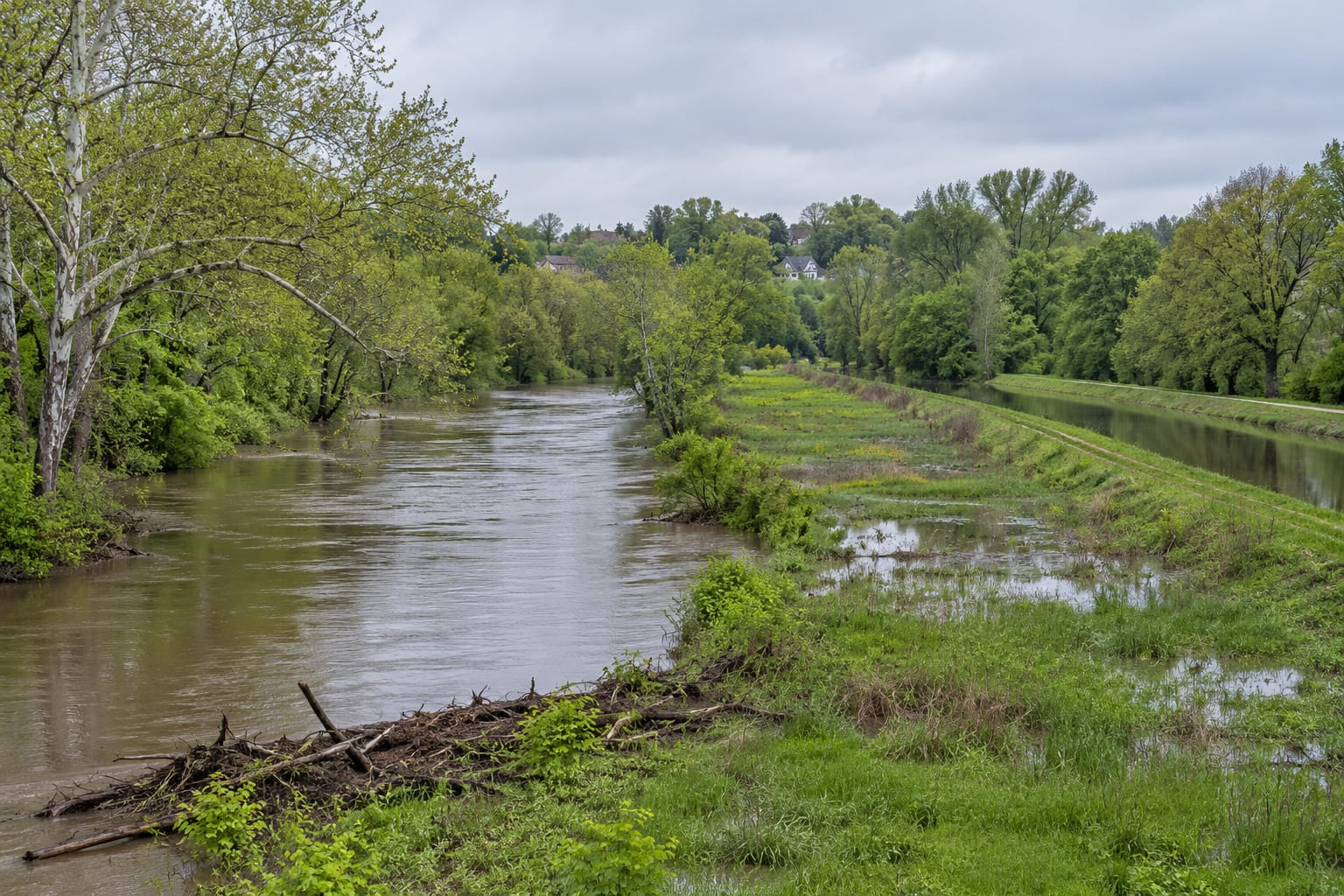 A wide brown river running full beside a wooded canal embankment and a low village meadow with rooftops beyond, in Millstone Borough, New Jersey