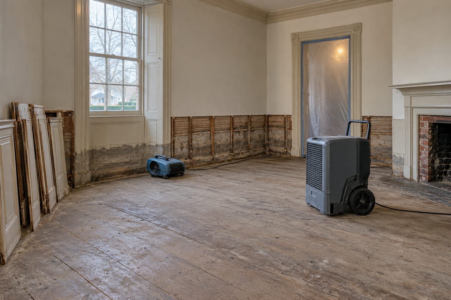 A first floor room with baseboards and lower wainscot removed, a silt line on the plaster above and a wood floor drying, in an old Millstone Borough, New Jersey house