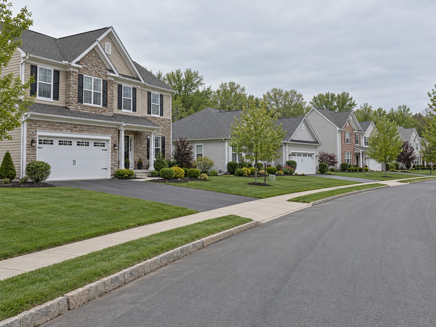 Two storey vinyl sided colonials with stone and brick veneer fronts and front facing garages, beside single storey ranch patio homes, in Monroe Township, New Jersey
