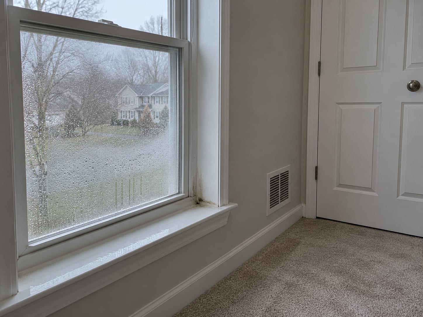 A bedroom window with beads of condensation on the glass, dark specks along the white sill and a closet door beside it, in a Monroe Township, New Jersey home