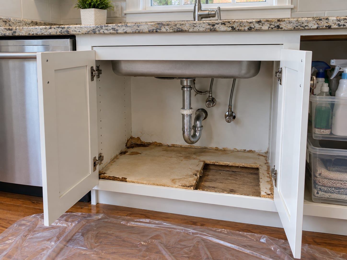 An under sink cabinet with a swollen, stained particleboard floor cut out and a corroded drain fitting overhead, in a Montgomery, New Jersey kitchen