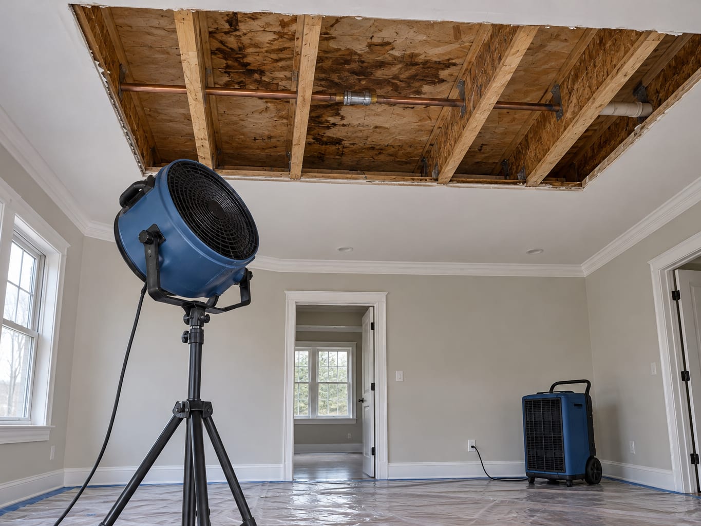 A ceiling below an upstairs bathroom opened after a supply line burst, showing wet joists and drying equipment aimed up, in a Montgomery, New Jersey home
