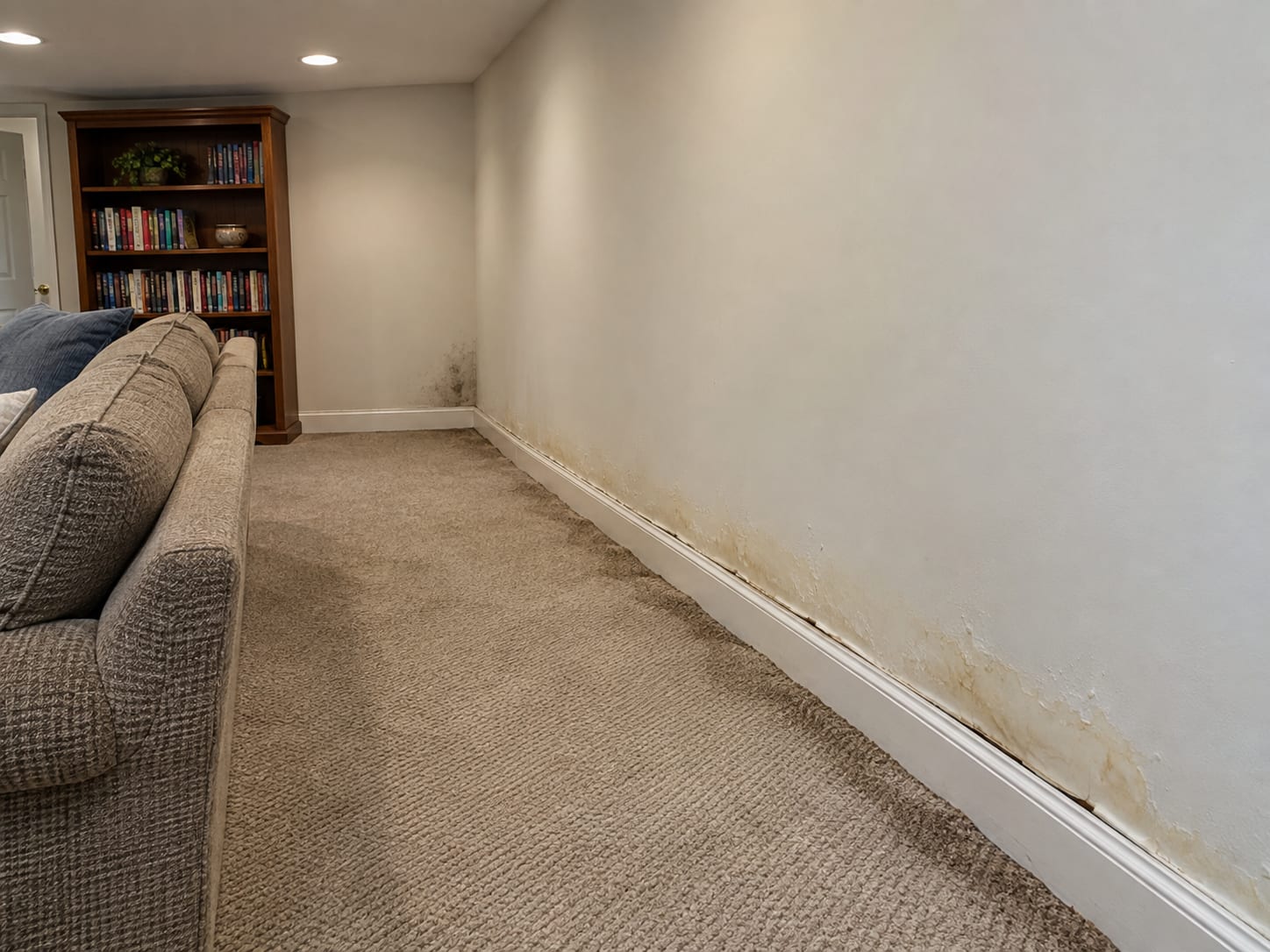 The base of a finished basement wall with swollen baseboard, blistered paint and a darkened drywall edge above the carpet, with a sofa pulled away, in a Montgomery, New Jersey home