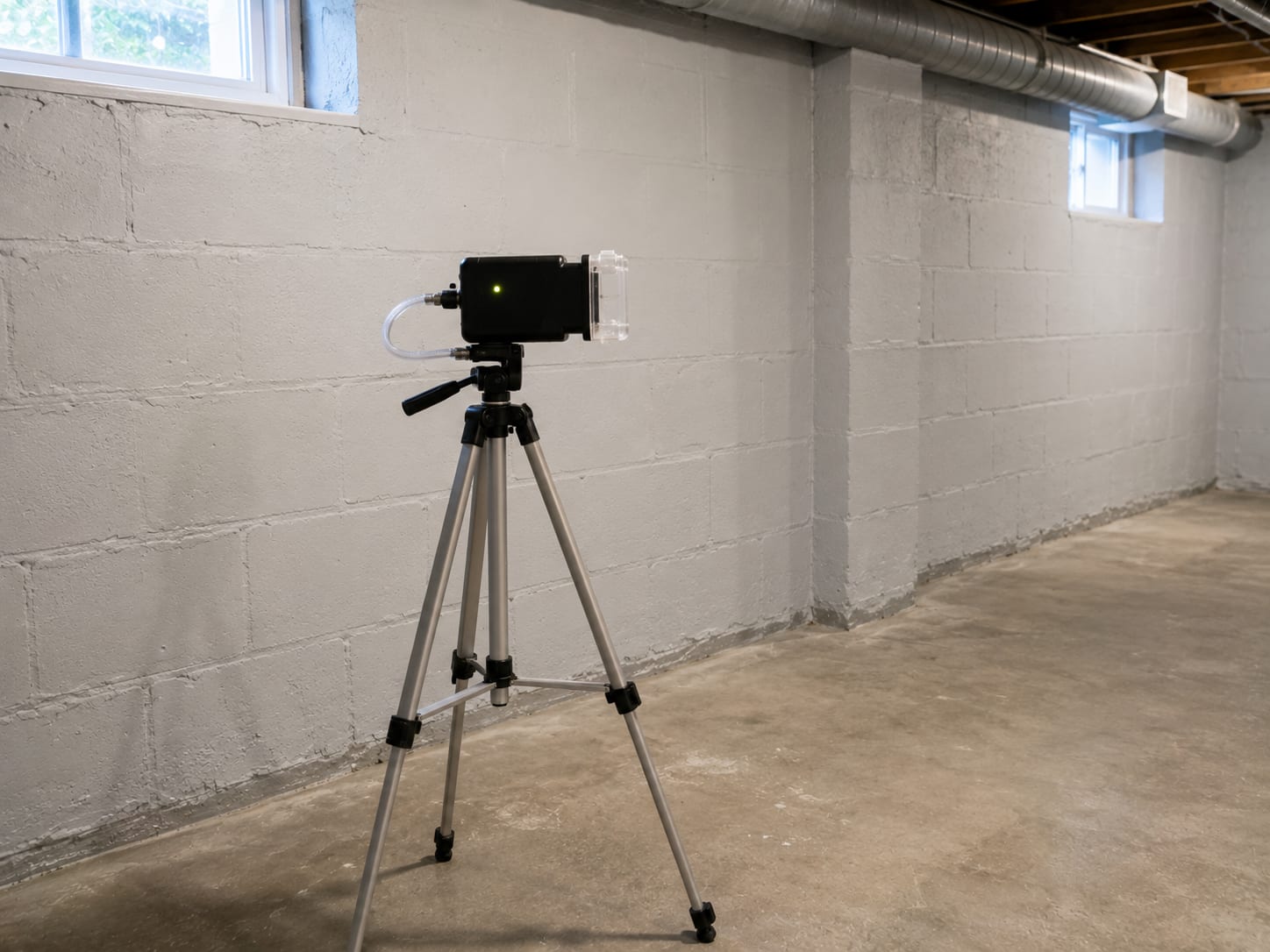 Air sampling pump with cassette mounted on a tripod inside a cleared New Jersey basement room after mold remediation work is complete