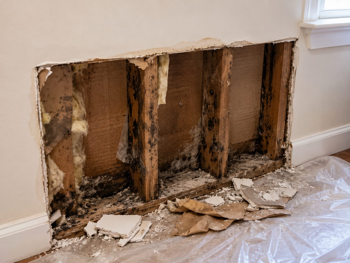 Partially removed drywall section in a New Jersey home interior exposing wall cavity with visible mold staining on wood framing and insulation