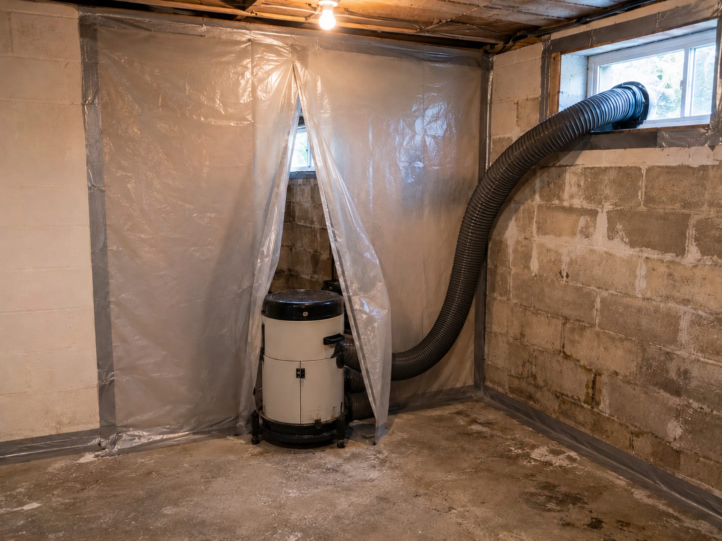 Plastic sheeting containment barrier in a New Jersey basement with a HEPA negative-air scrubber unit running beside treated concrete block walls