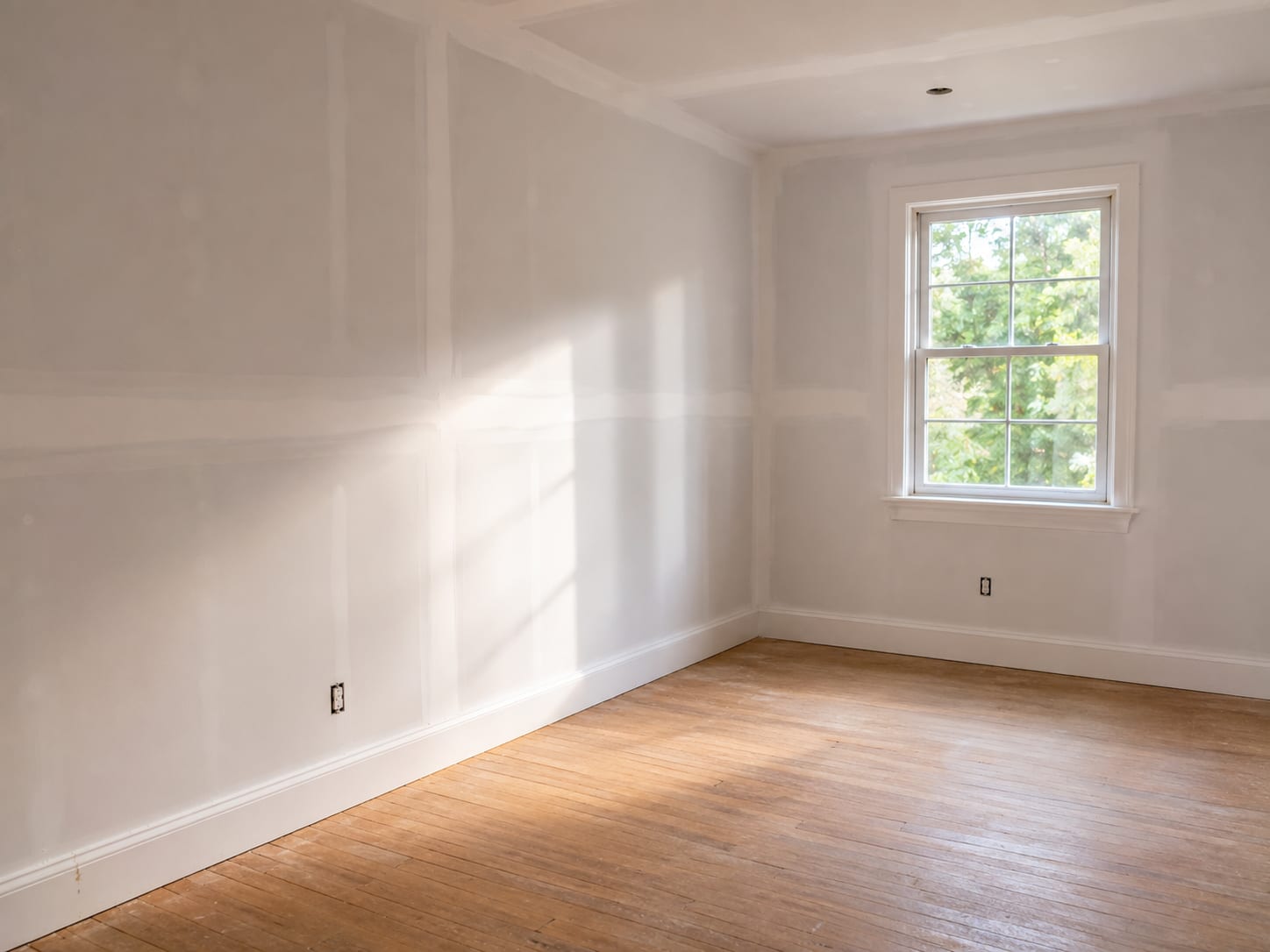 Freshly restored interior room in a New Jersey colonial home with new drywall installed and primed walls showing a complete clean build-back after mold remediation