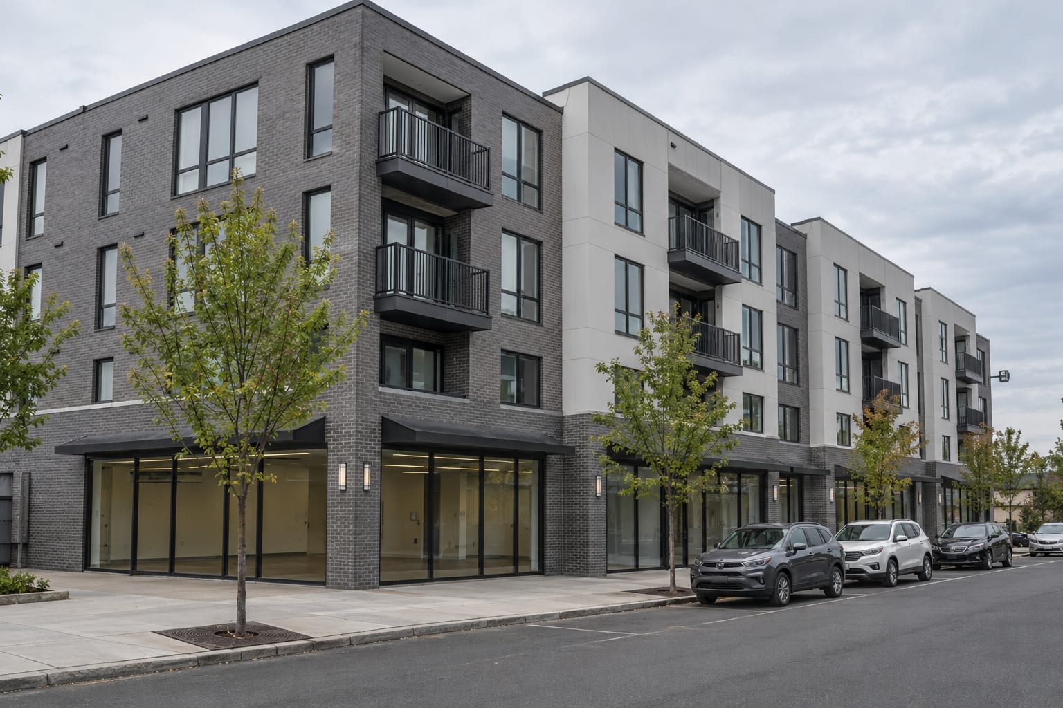 A four storey building with ground floor retail glass and apartments above with balconies, a wide sidewalk and young street trees, in North Brunswick, New Jersey