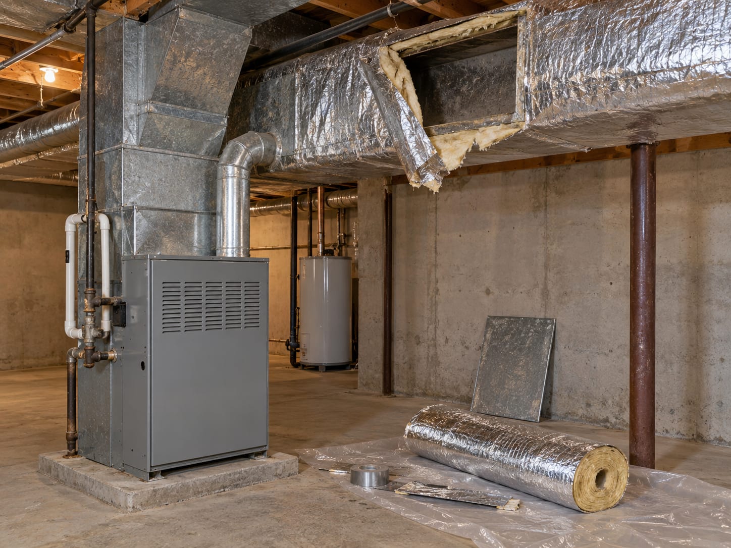 A basement furnace with a rectangular trunk duct, one insulated section opened and the foil wrap peeled back, in a North Brunswick, New Jersey house