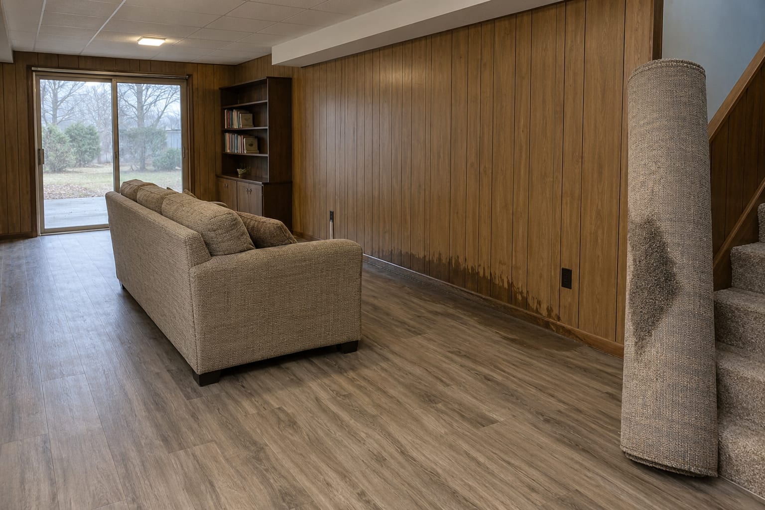 A finished basement with a sofa pulled away from a wall, a wet area rug rolled and stood on end, and bare vinyl flooring drying, in North Brunswick, New Jersey